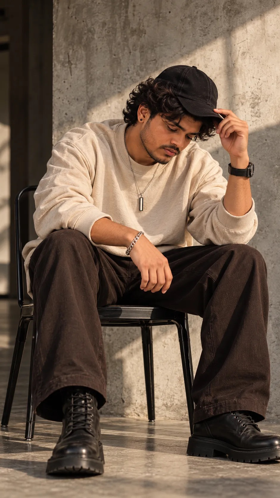 MINIMALIST FASHION EDITORIAL PHOTOSHOOT, STYLISH YOUNG MAN SITTING CASUALLY ON A BLACK METAL CHAIR, HEAD DOWN POSE WITH ONE HAND ON CAP,