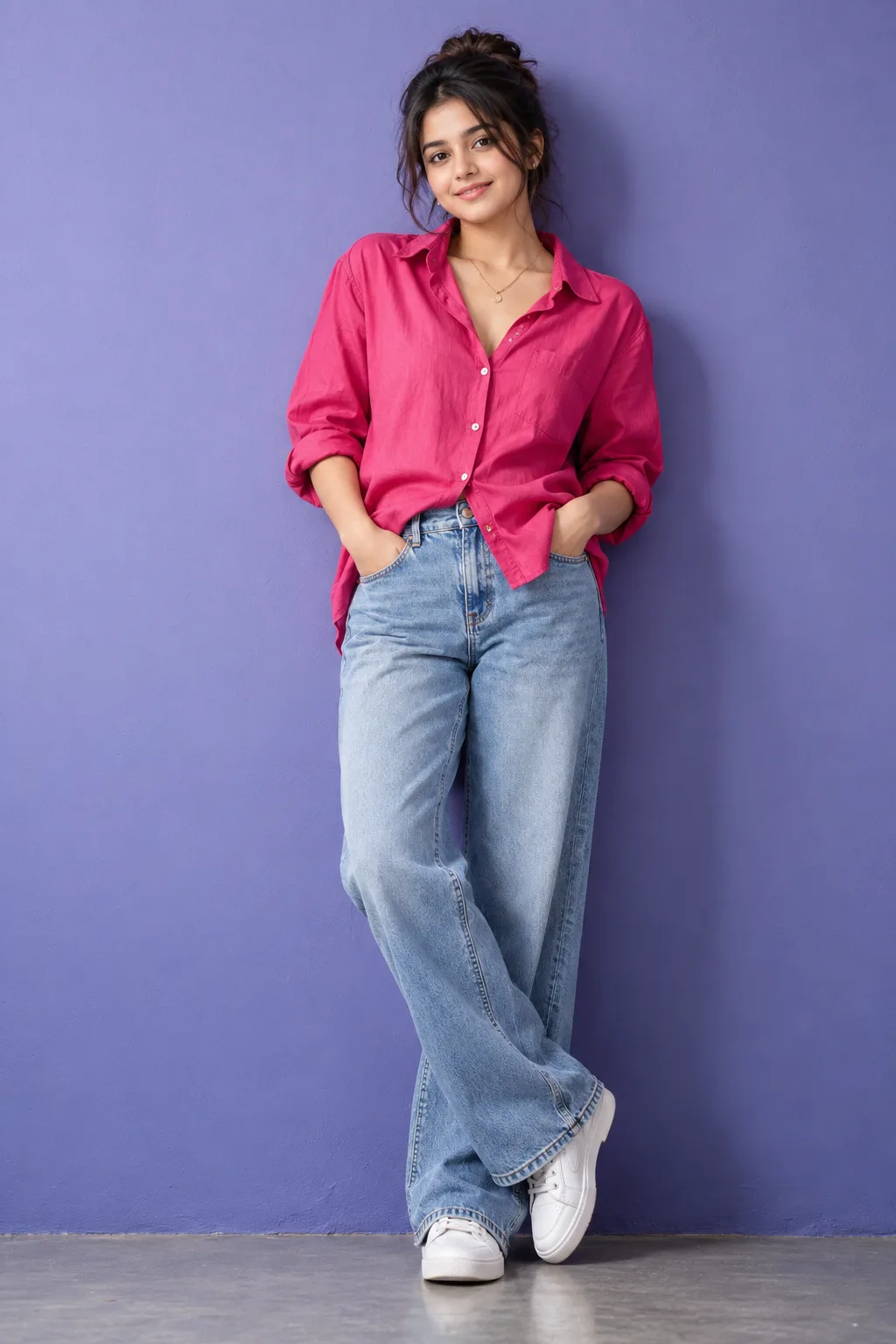 A full-length fashion studio portrait of a young South Asian woman simple smile leaning casually back against a solid matte Sky-purple