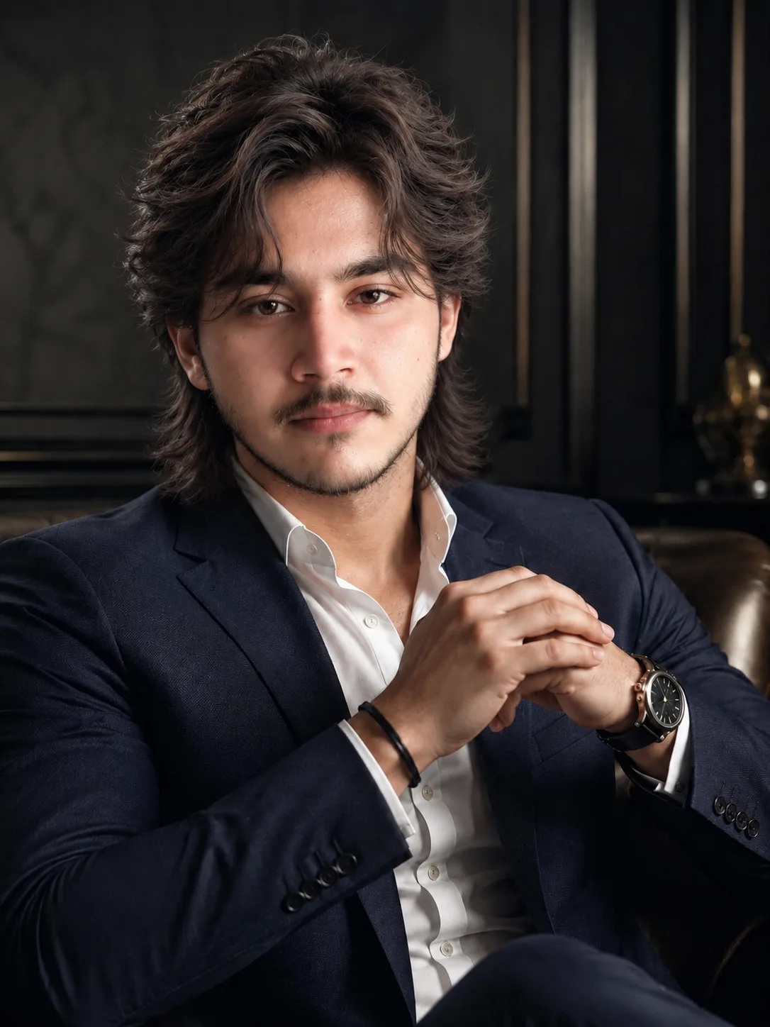 **Create an ultra-photorealistic luxury editorial portrait of the same young man from the reference image.