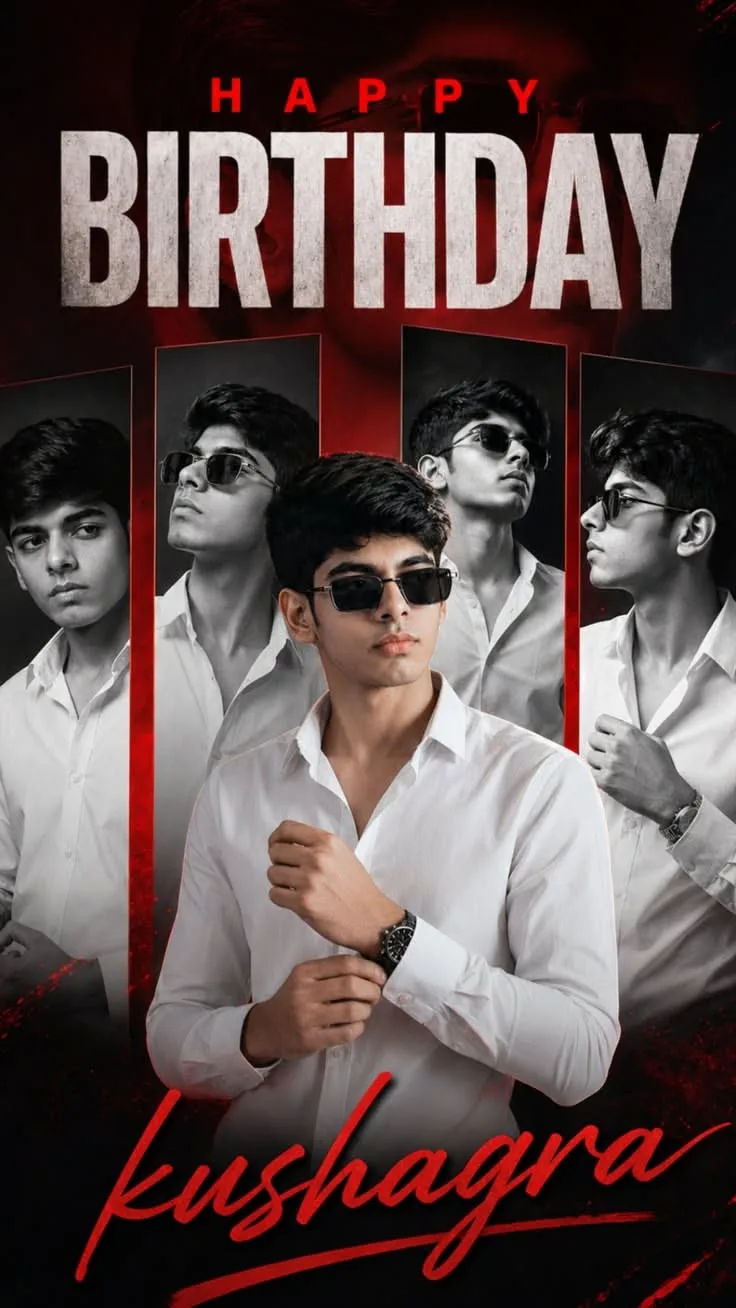 A professional and cinematic birthday celebration poster banner featuring multiple poses of a young South Asian model.