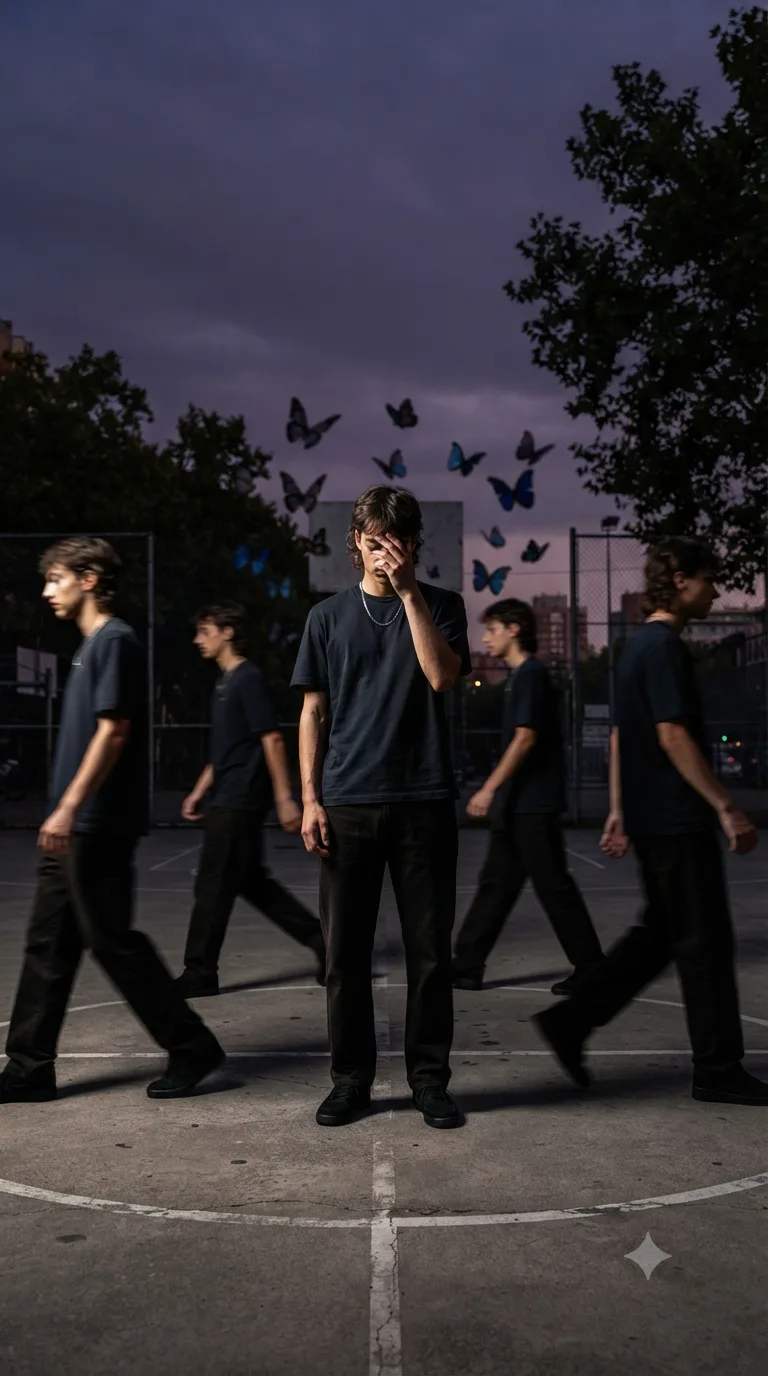 A CINEMATIC STREETWEAR PHOTOSHOOT OF A YOUNG PERSON STANDING ON AN OUTDOOR BASKETBALL COURT, KEEP ORIGINAL OUTFIT AND FACE UNCHANGED, HEAD