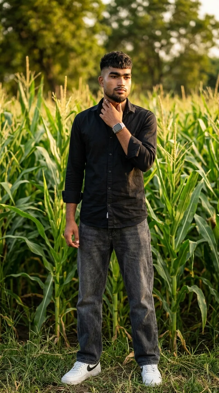 Detailed AI Image Prompt: A vertical 9:16 full-length outdoor portrait of a young man standing in a tall maize/corn field during warm