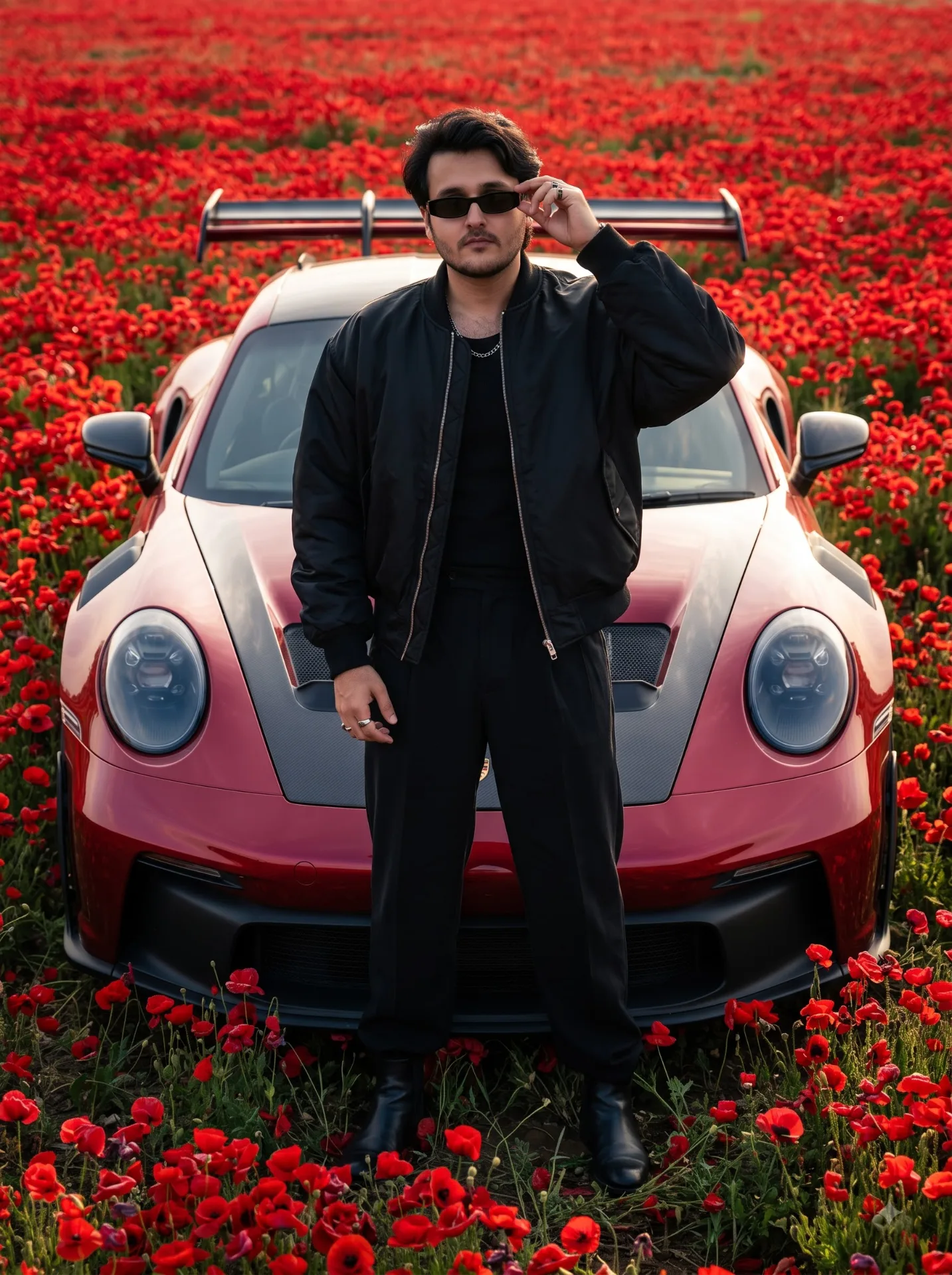 Epic low-angle full-body automotive fashion portrait of me standing directly in front of a brilliant deep-red Porsche 911 GT3 RS,