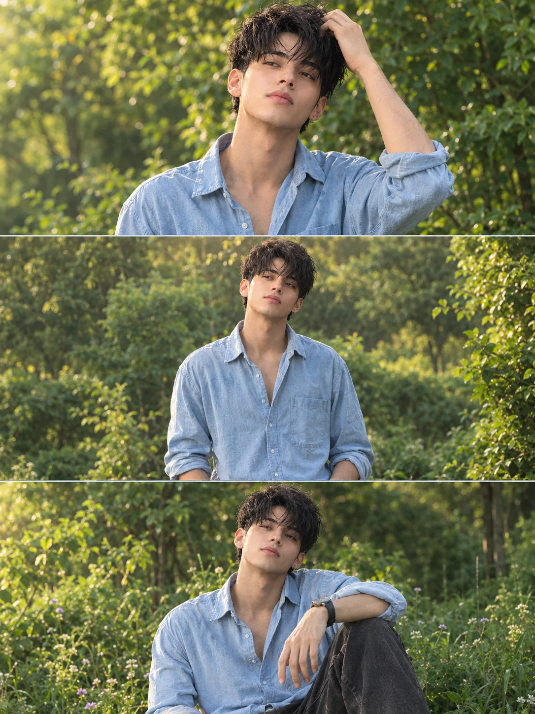 Ultra realistic photograph of a young Indian man in a beautiful lush green outdoor meadow during golden-hour daylight, created as a