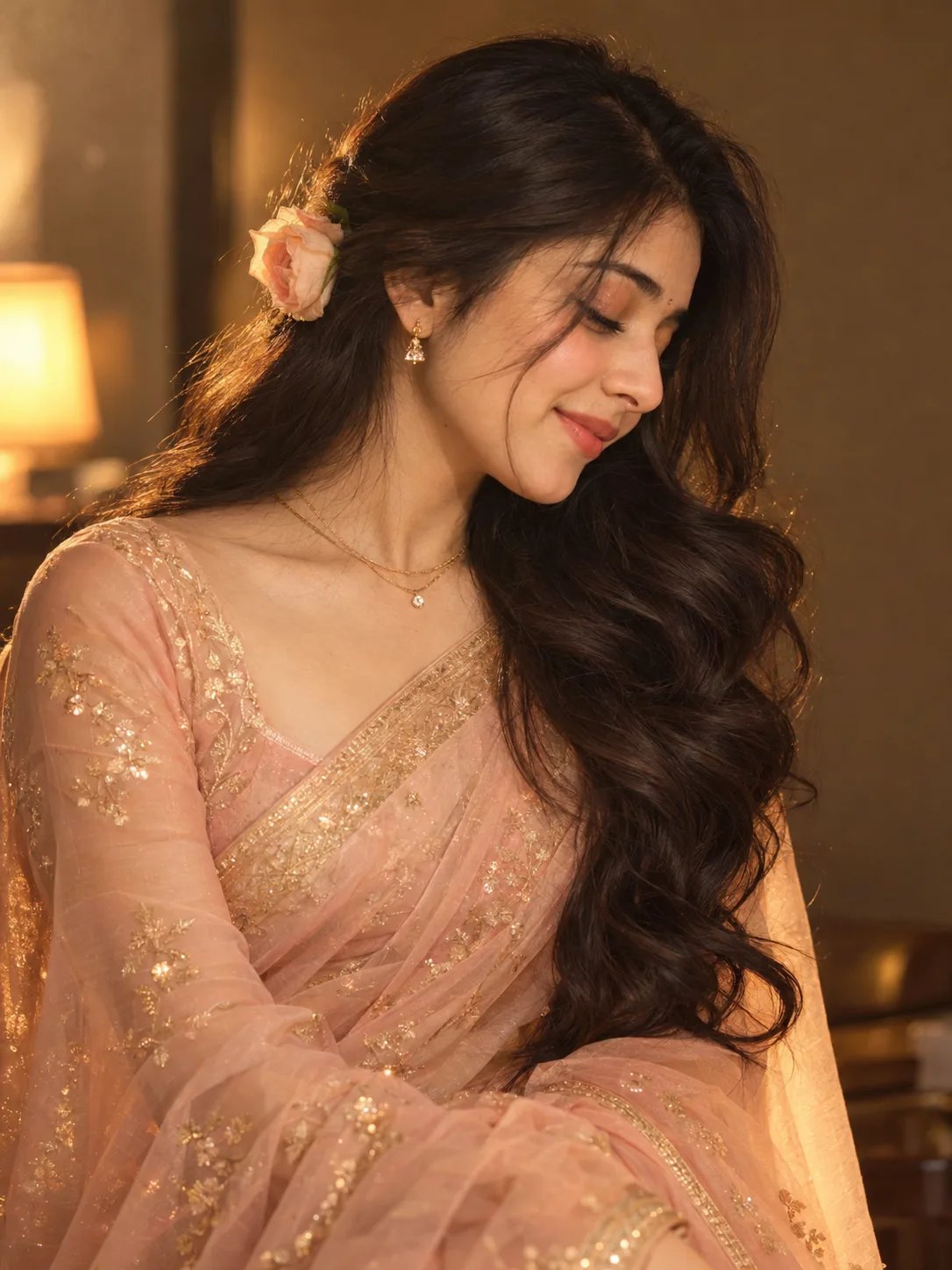 Create a photorealistic warm-toned portrait of a young South Asian woman wearing an elegant sheer peach/blush-pink saree with delicate
