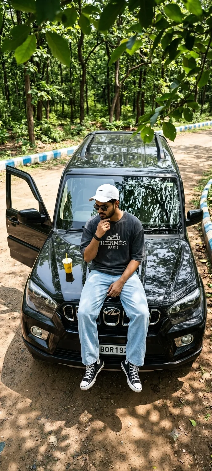 A high-angle photo of a stylish young South Asian man in his 20s sitting casually on the hood of a glossy black Mahindra Scorpio Classic