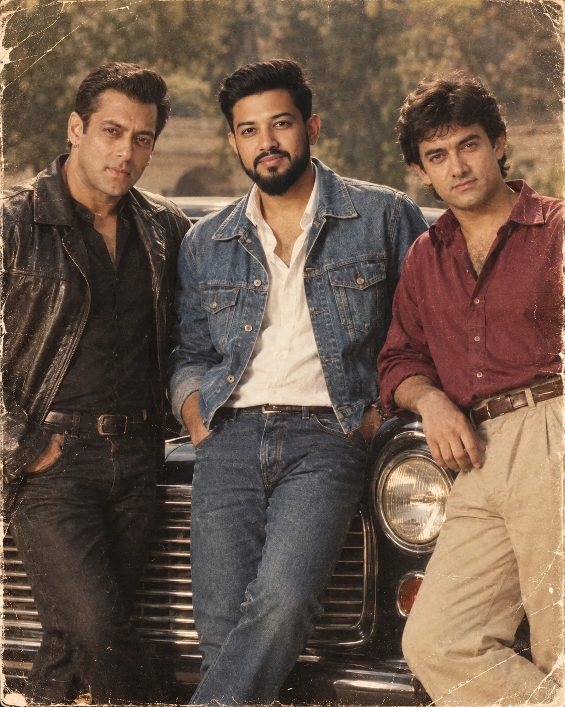 “Use my reference face with Salman Khan and Aamir Khan standing beside me, posing confidently near a classic vintage car.