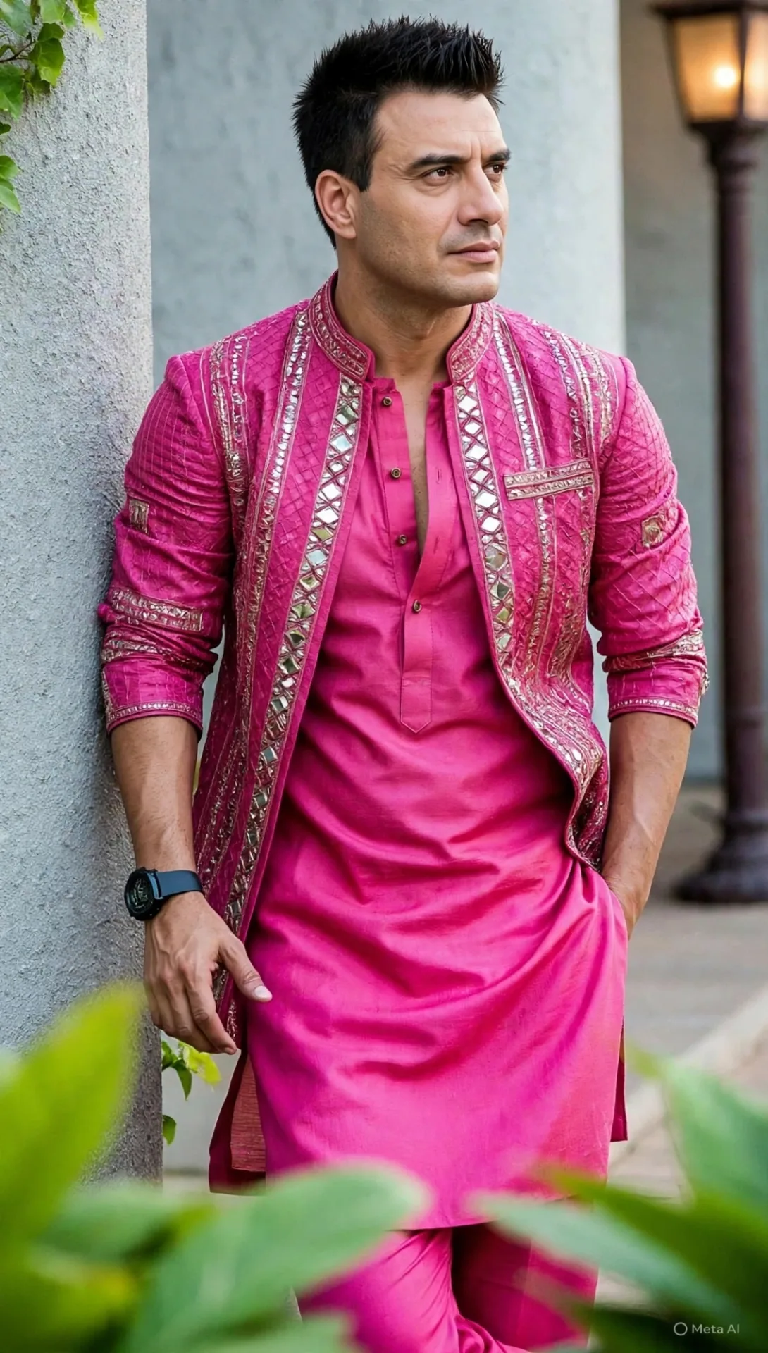8K ultra realistic photo, same man face from reference image, handsome Indian man with short spiky hair, confident expression, wearing