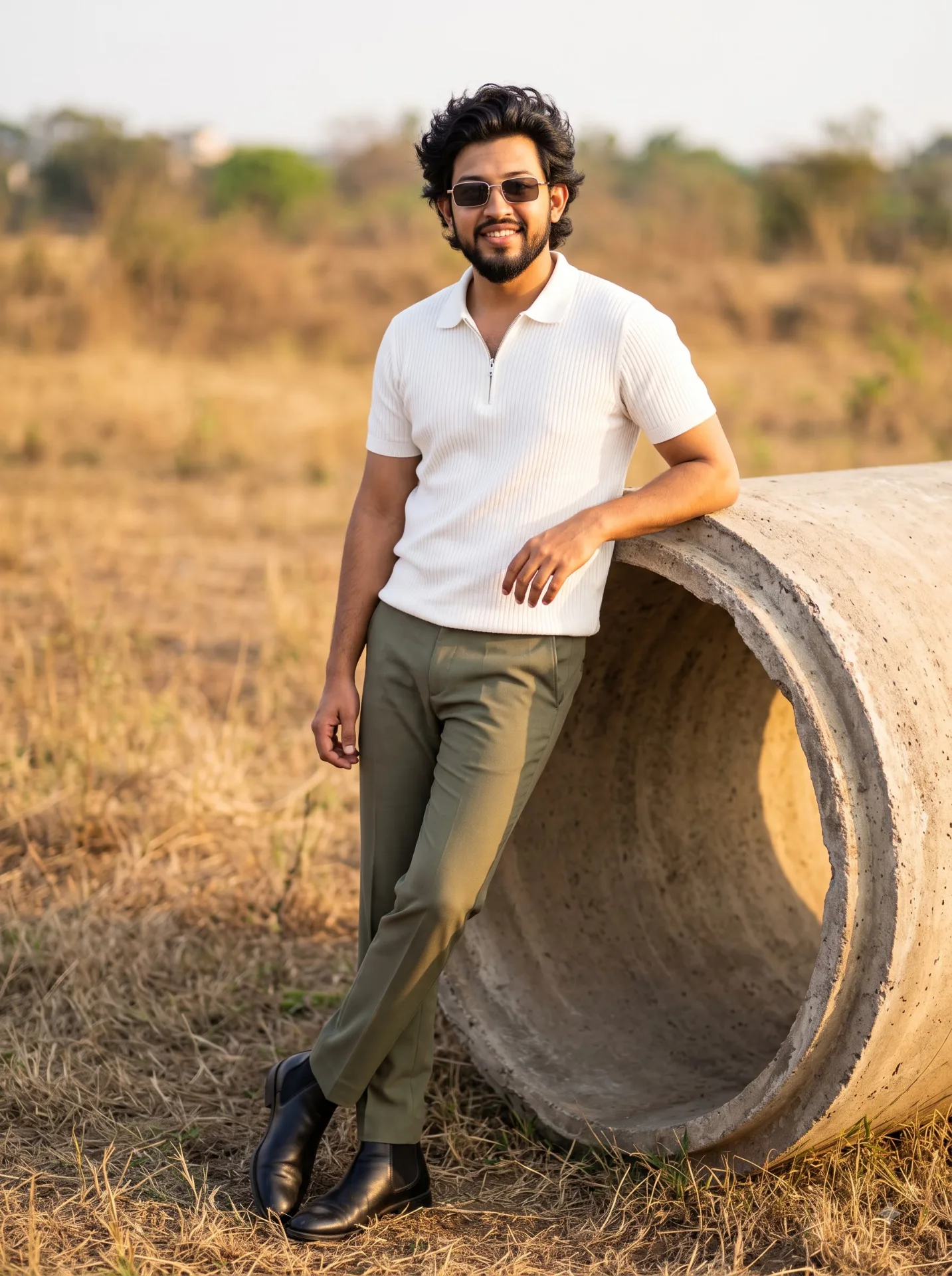 A high-resolution outdoor portrait of a stylish young South Asian man in his mid-25s with voluminous, textured dark wavy hair and a neatly