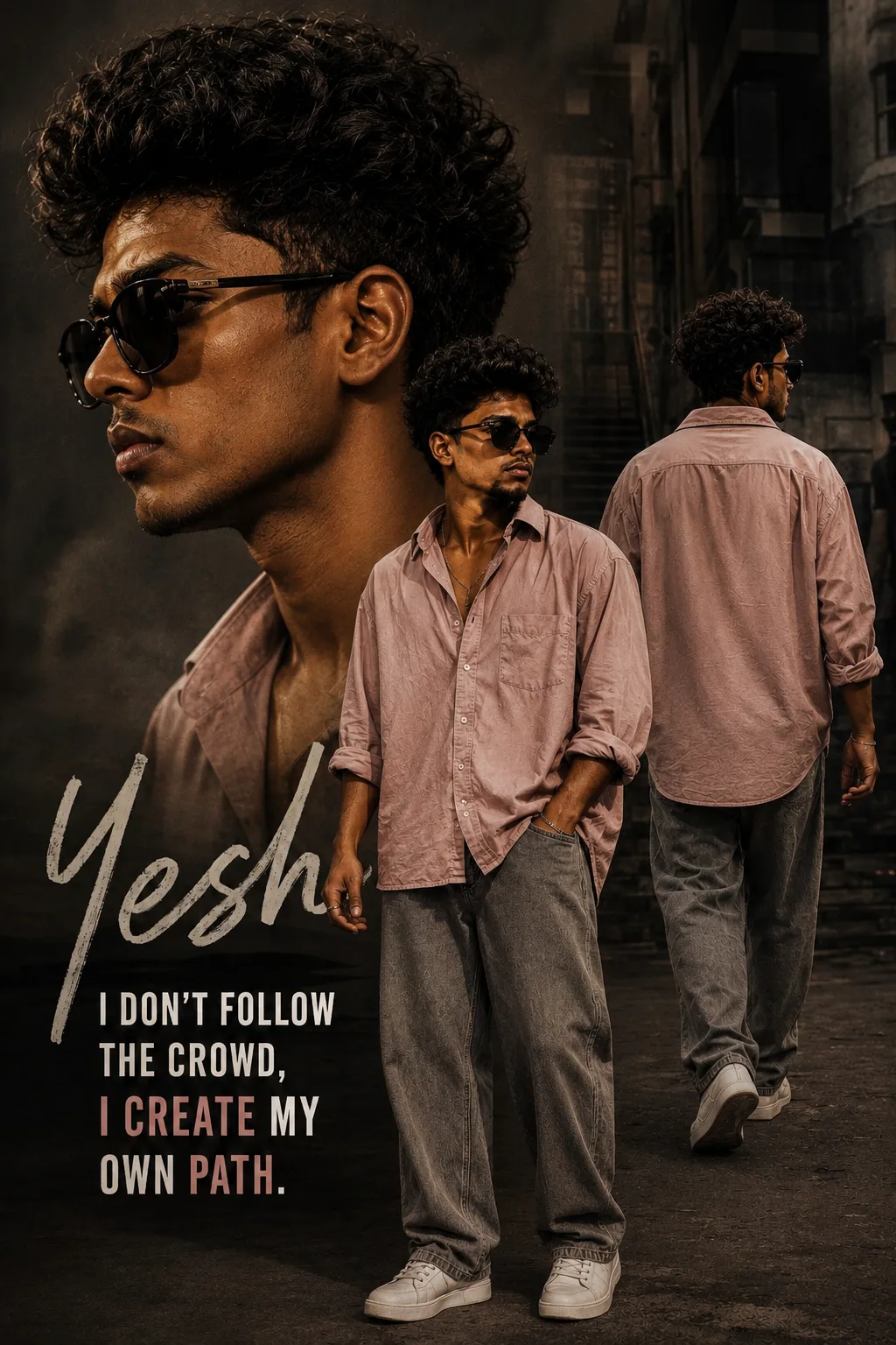 A stylish handsome young Indian man with messy textured hair and beard, wearing black sunglasses, a dusty pink oversized shirt, grey