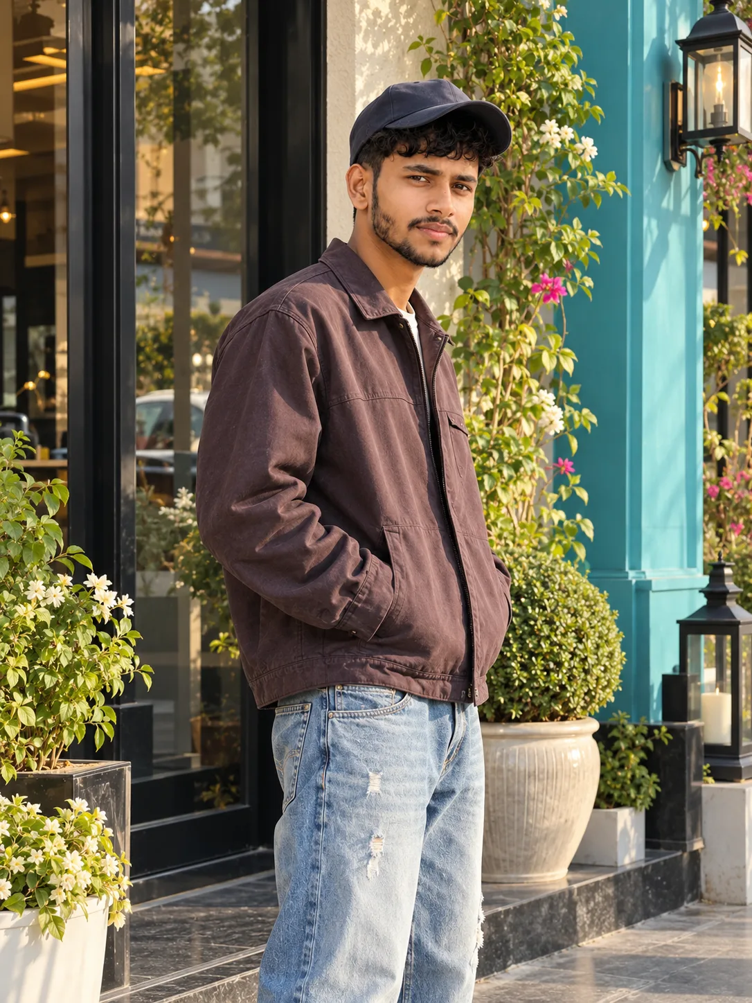 Ultra-realistic professional DSLR photograph of a slim young South Asian man in a vertical 3:4 full-body portrait, standing outdoors beside