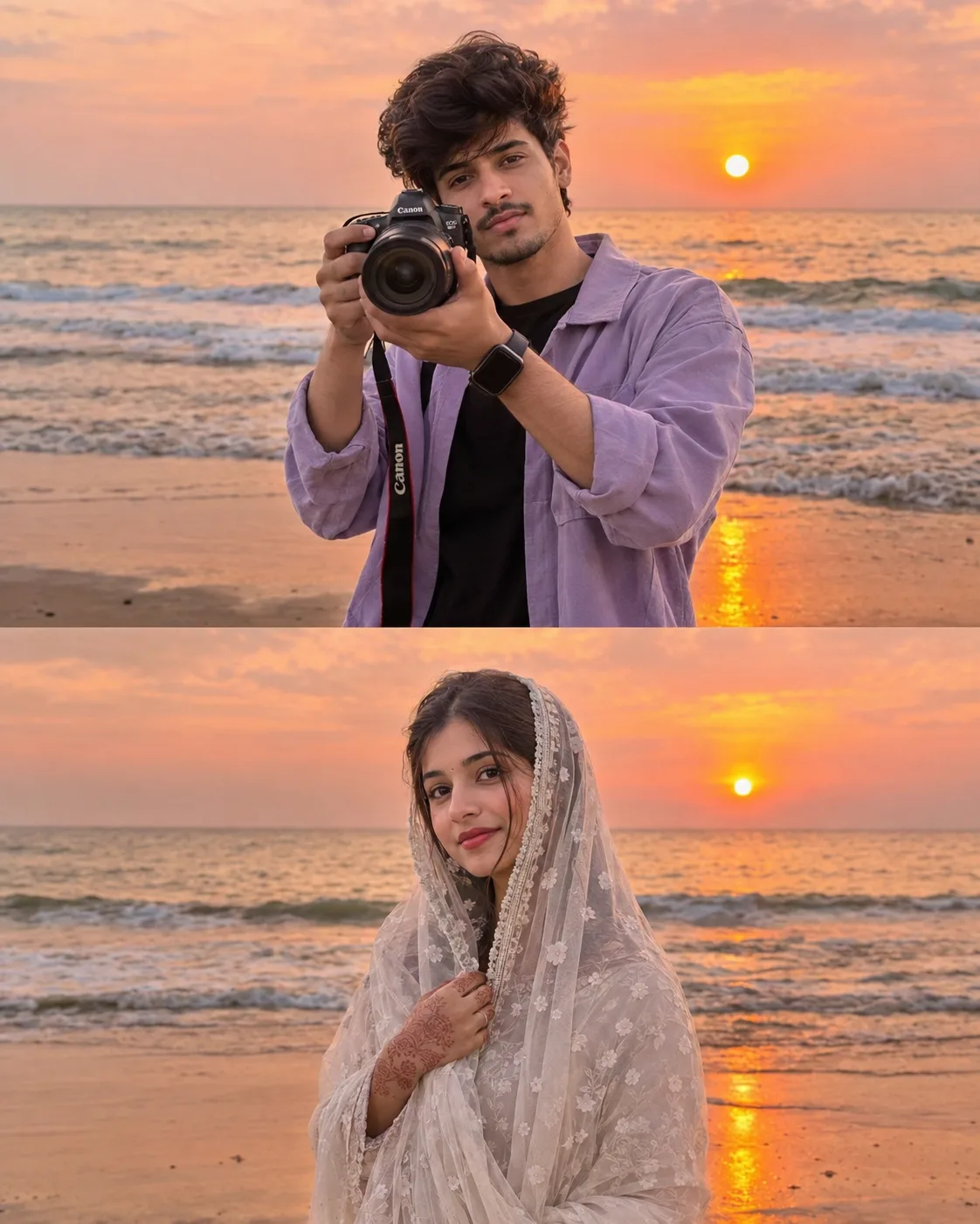 prompt.@vikash.edit_109 Create an ultra-realistic cinematic 2-panel vertical beach photoshoot.