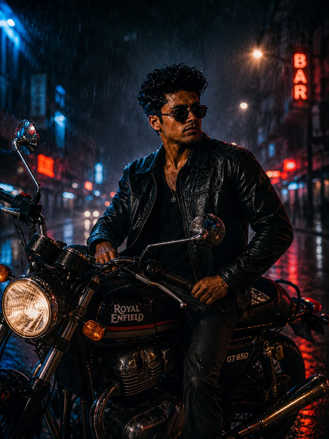 Ultra-realistic cinematic night portrait of a stylish young Indian man sitting confidently on a black Royal Enfield GT 650 motorcycle in a