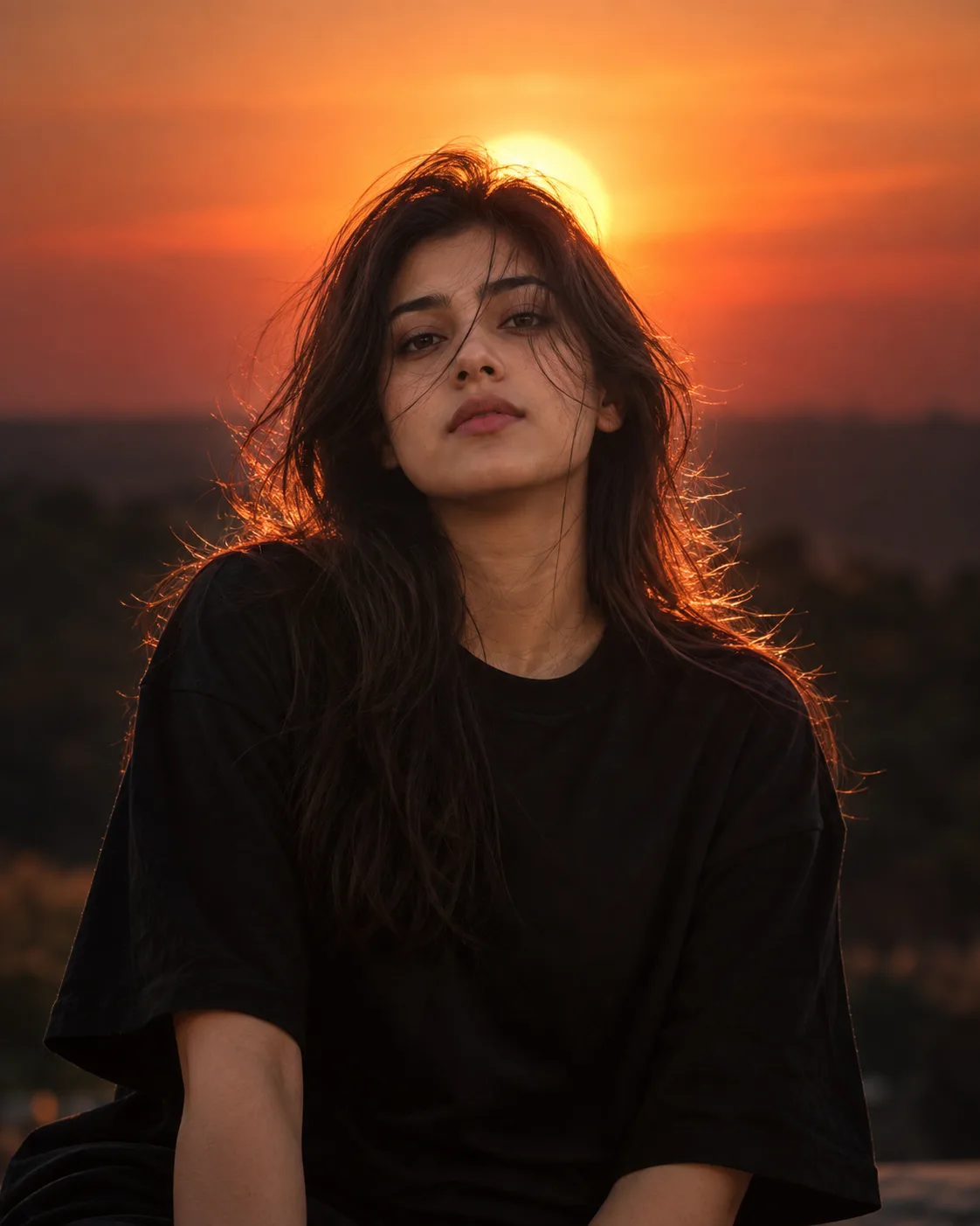 Create a cinematic, ultra-realistic outdoor portrait of a young woman with naturally tousled hair, wearing an oversized plain black