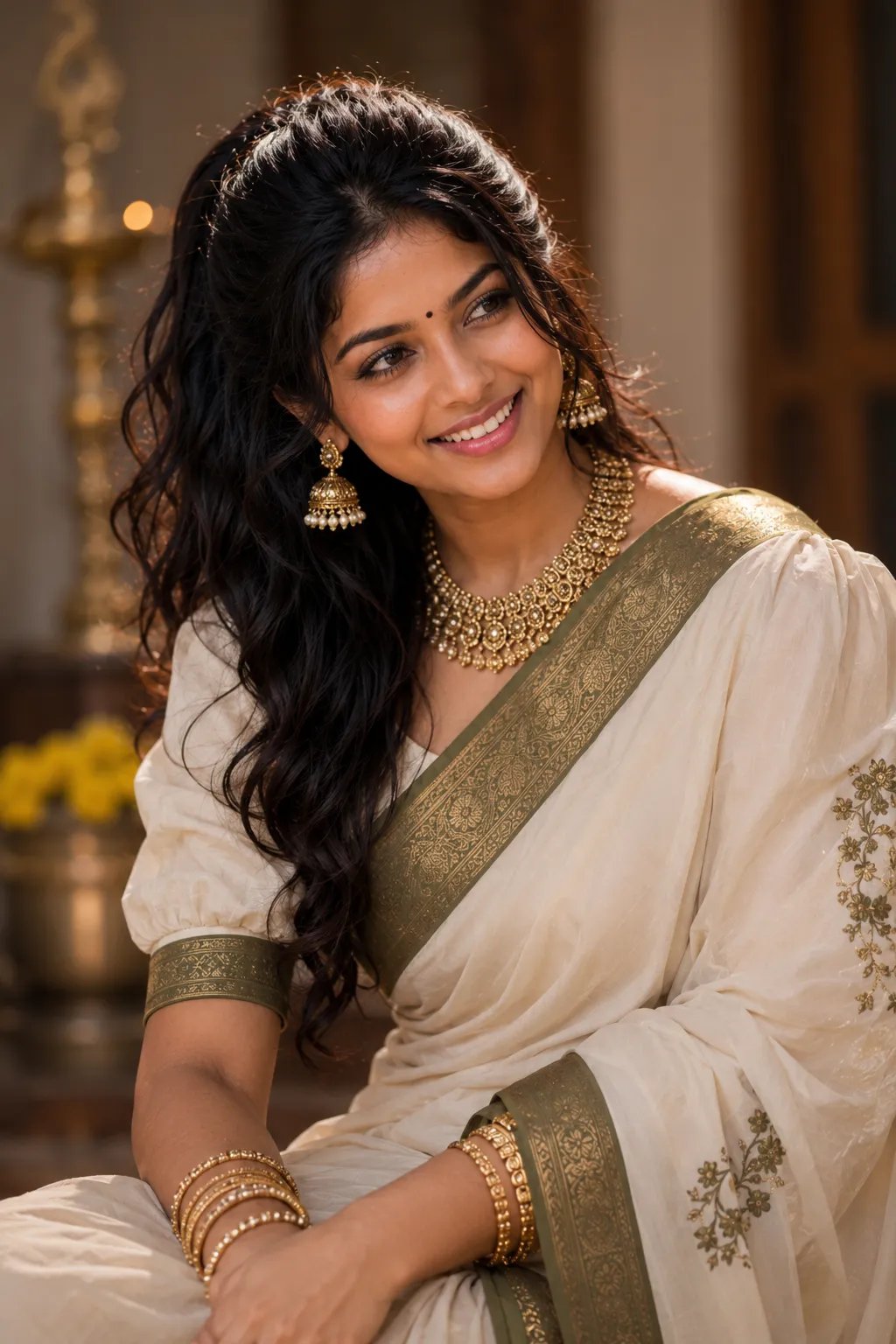 100% same face identity ✅ Photorealistic candid indoor portrait ✅ Natural laughing smile ✅ Off-white handloom soft cotton saree ✅ Olive