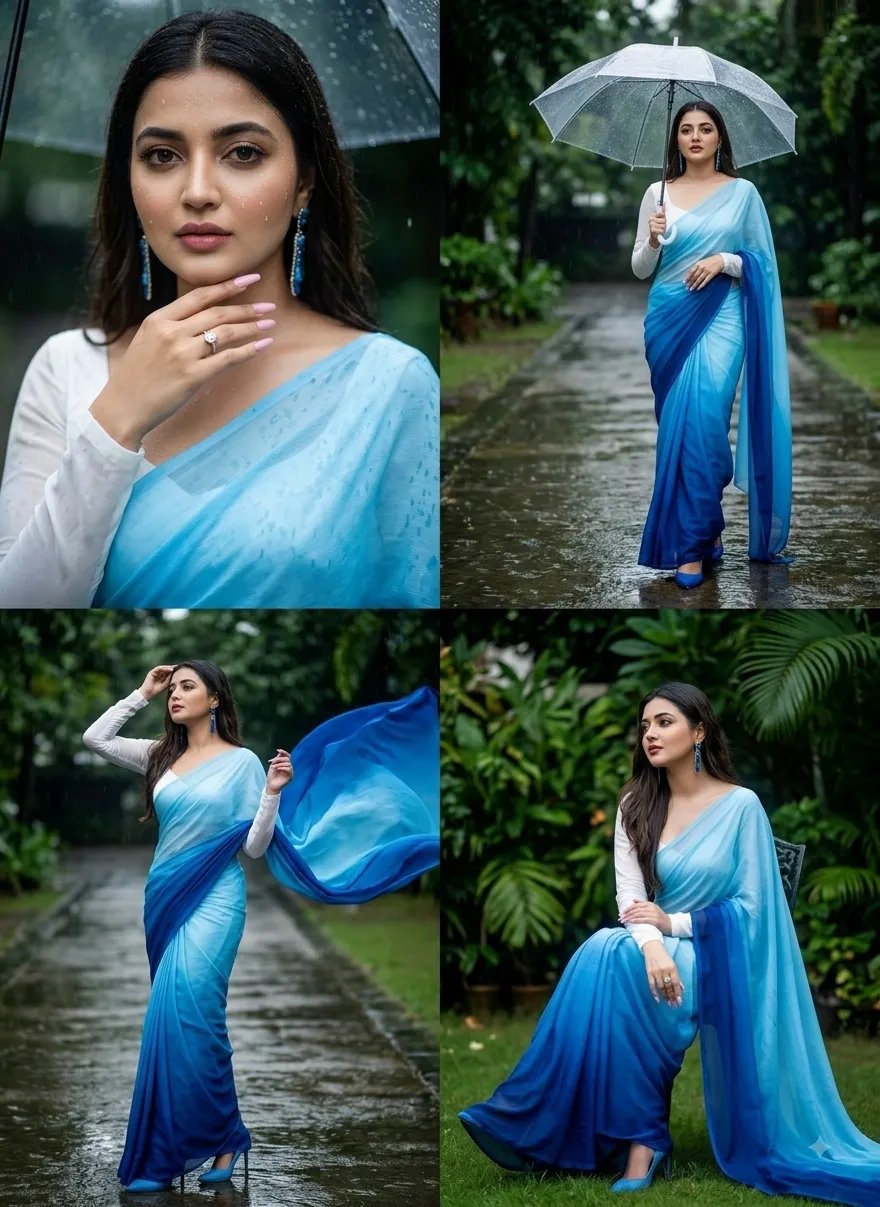 Prompt ⬇️💙 Luxury monsoon fashion editorial collage featuring the exact same woman as the reference image (100% facial identity preserved)