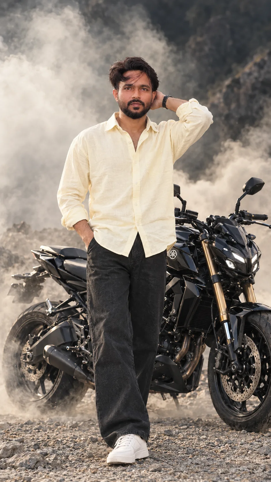 Create an ultra-realistic 4K UHD cinematic motorcycle fashion photograph, vertical 9:16, inspired by the uploaded reference image.