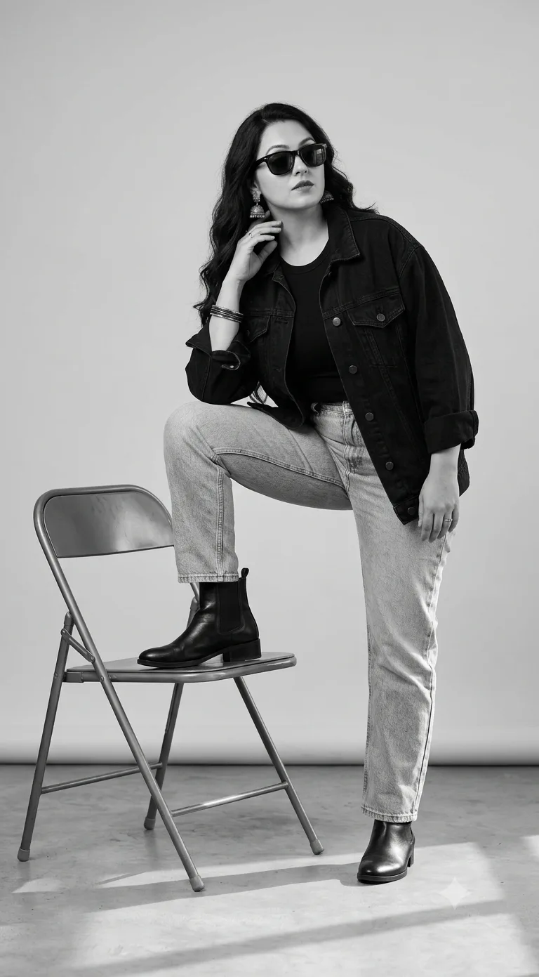 Minimalist monochrome fashion editorial portrait of a stylish young woman in a studio setting.
