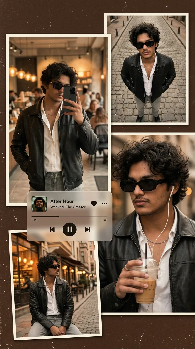 A highly cinematic, photorealistic **vertical 9:16 editorial photo collage** featuring the same stylish young adult man with thick, messy,