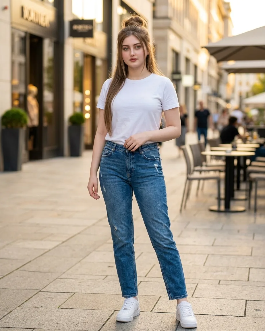 > **Concept:** A detailed, full-body portrait photograph capturing a young woman's chic, casual urban style on a fashionable European-style