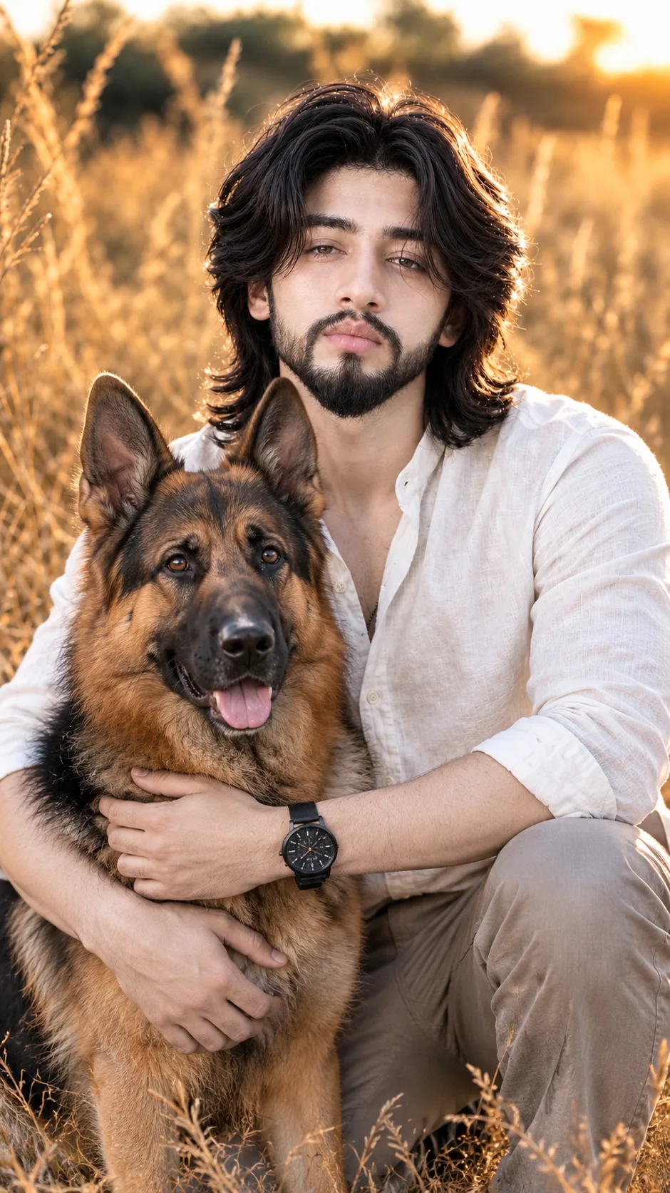 A high-definition portrait photo capturing a young man with long wavy dark hair and a beard, wearing a white linen button-up shirt and