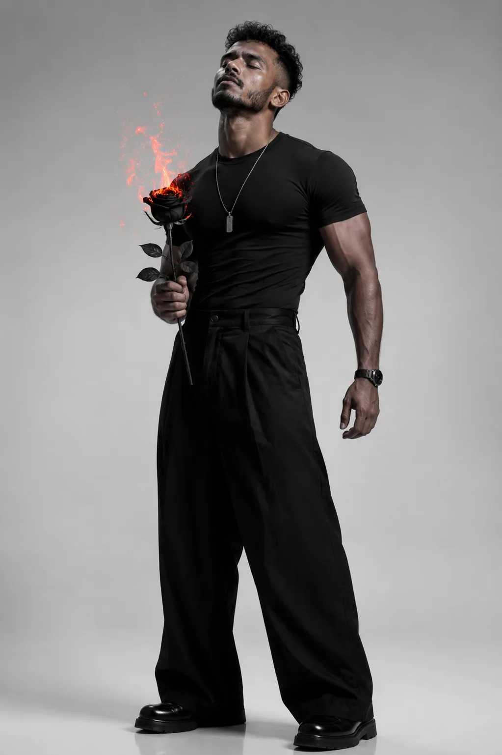 Create an ultra-photorealistic cinematic studio fashion portrait of a muscular young man standing in a powerful, slightly low-angle