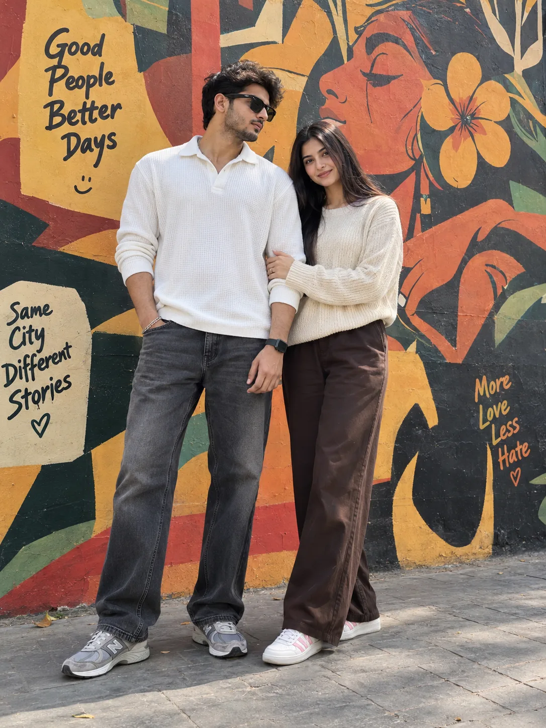 "An ultra-realistic, candid full-body p hoto of a young South Asian couple posing together in front of a vibrant , colorful street art