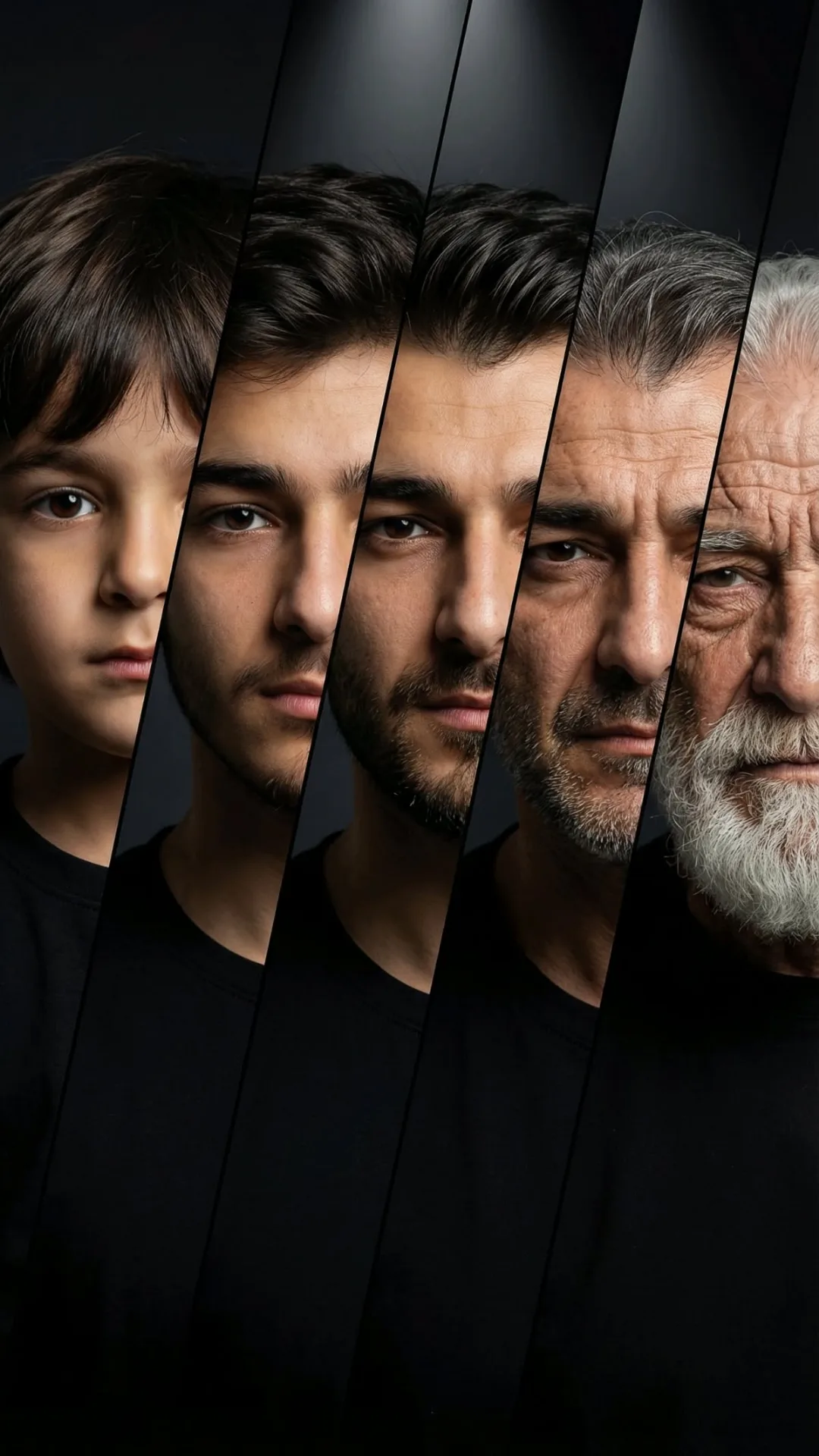 An absolute visual masterpiece, hyper-photorealistic and ultra-detailed vertical portrait collage showing the aging timeline of a man