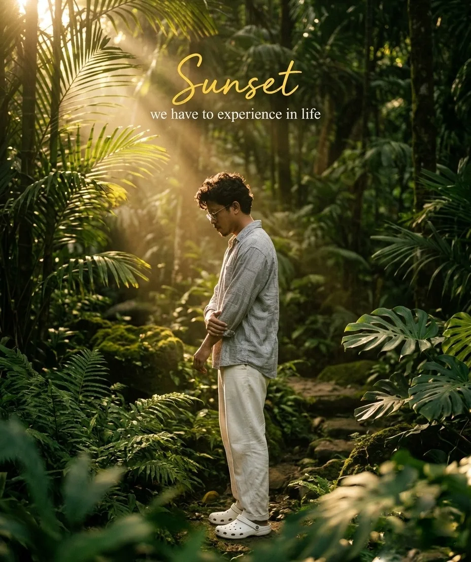 We have to experience in life Cinematic vintage lifestyle photograph of a young man standing alone in dense lush tropical greenery at
