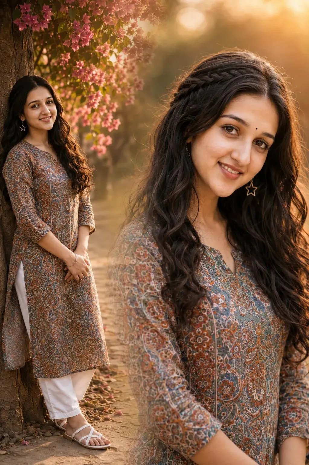 Fictional young Indian woman, 18-21 years old, soft wheatish skin, dark wavy hair with side braid detail, small black bindi, star-shaped