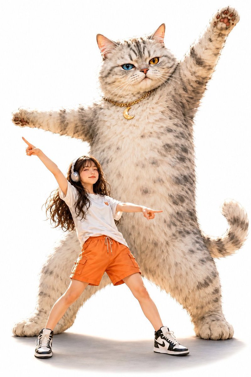 GPT IMAGE 2 on CHAT GPT: Prompt: A dynamic image featuring a giant anthropomorphic cat based on the attached reference character and the