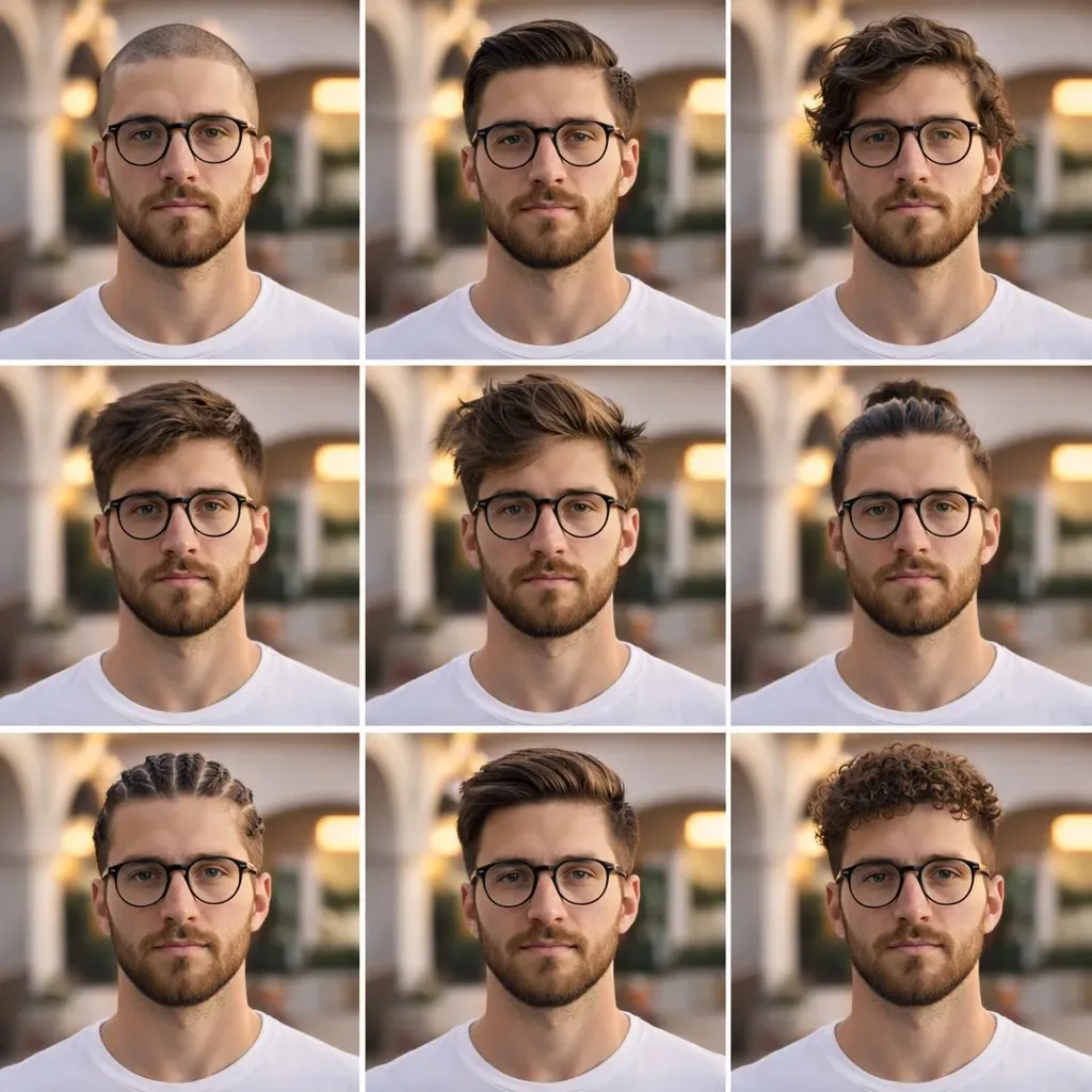 description: "A clean, aesthetic 3x3 collage portrait showcasing different men's hairstyles.