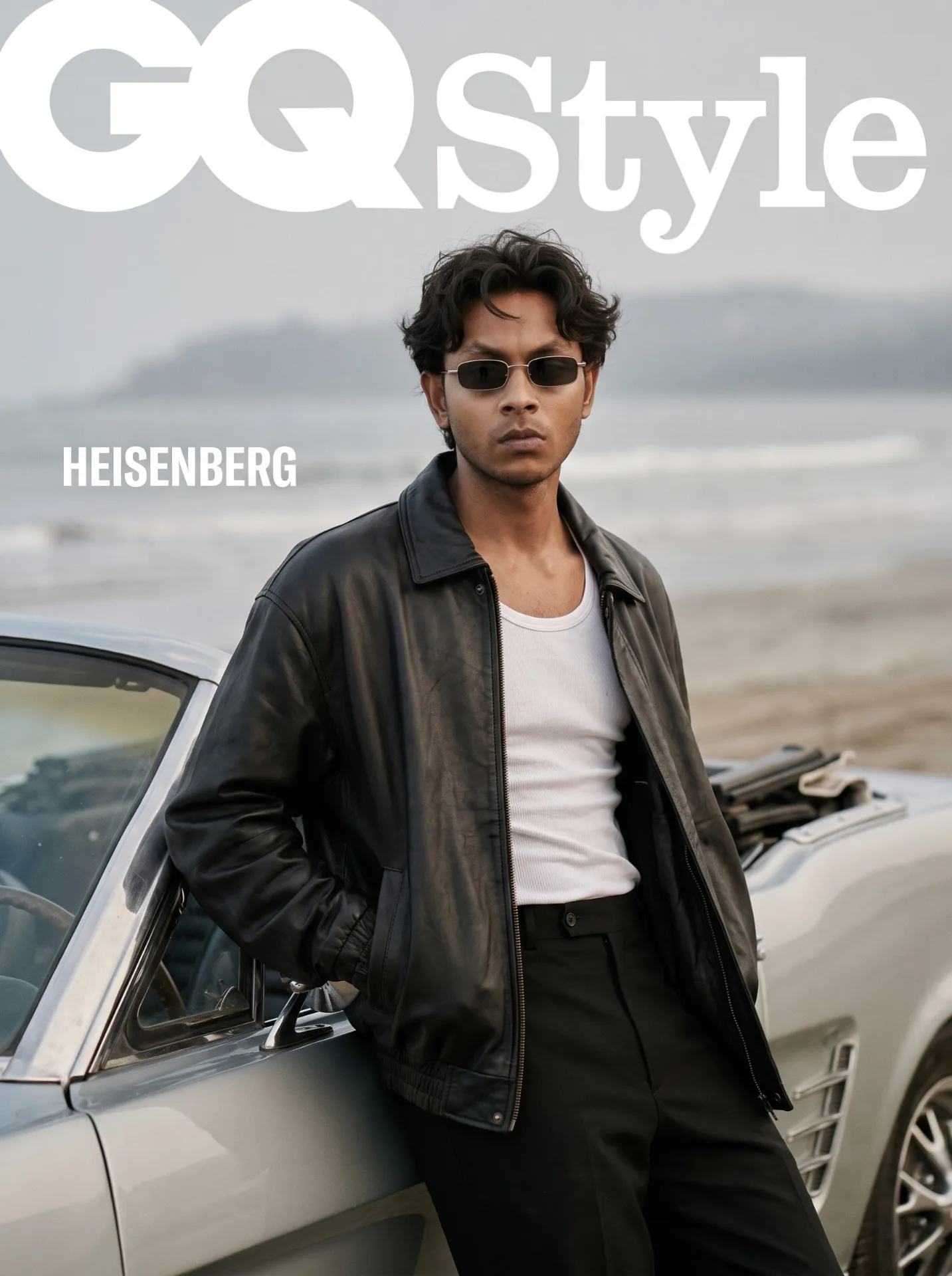 Prompt Ultra-realistic cinematic high-fashion editorial portrait of a young adult He has messy dark wavy hair and is wearing small