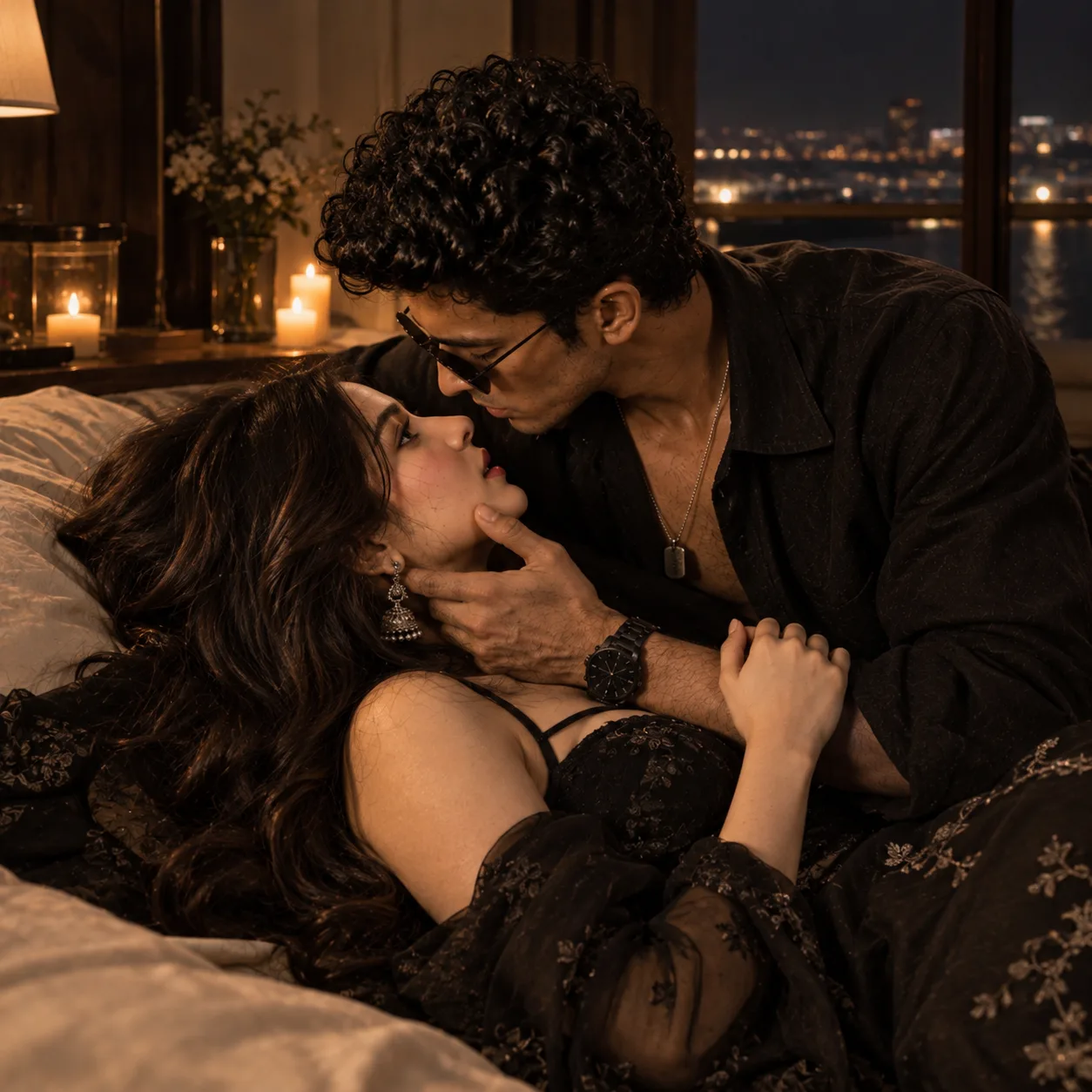 > Ultra-realistic cinematic South Asian couple portrait, same couple identity and facial features as the reference, lying comfortably