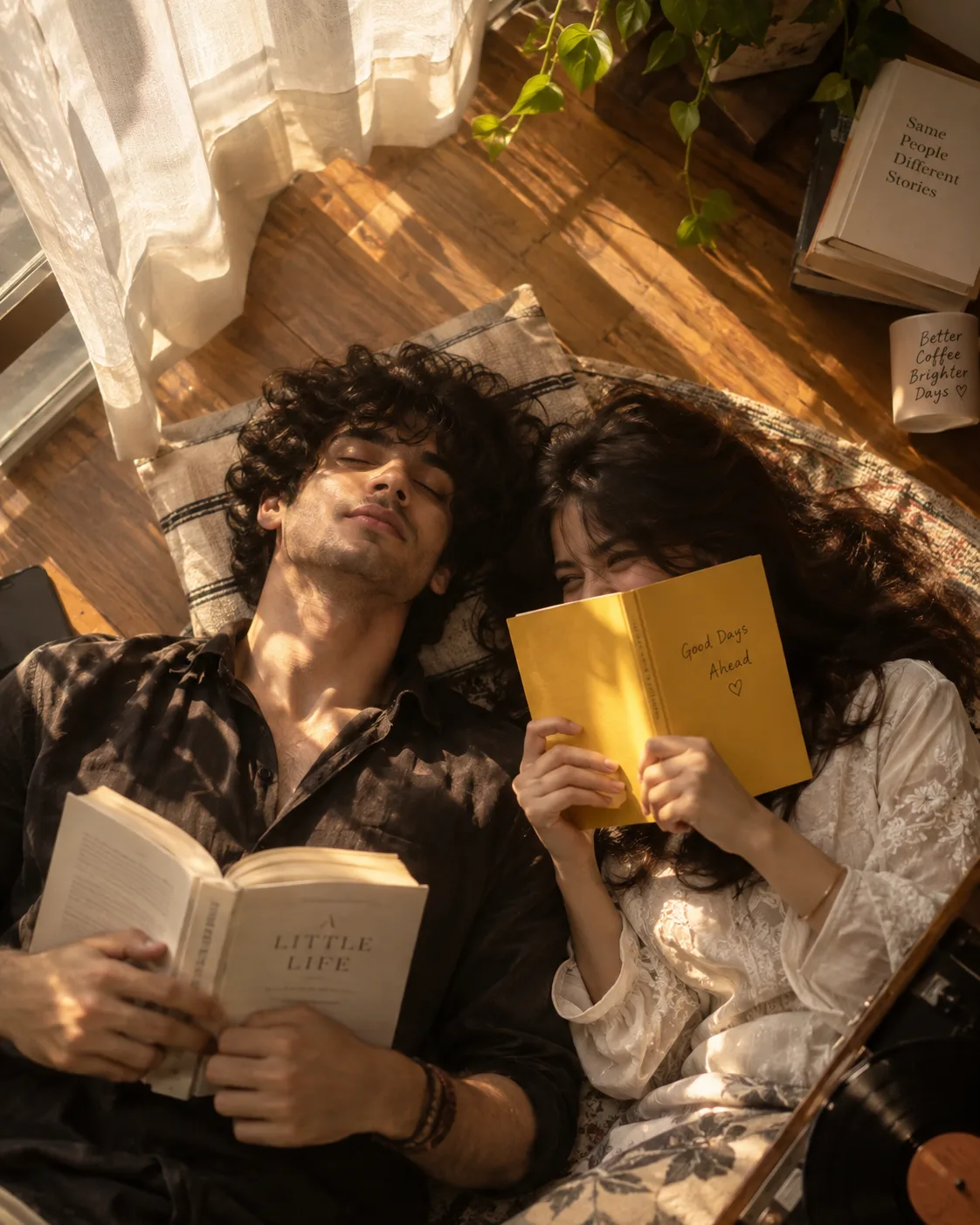 TOP-DOWN CANDID PORTRAIT, CURLY-HAIRED STUBBLED MAN RECLINES EYES-CLOSED WITH AN OPEN BOOK, WOMAN BESIDE HIM HIDES A LAUGH BEHIND A BRIGHT