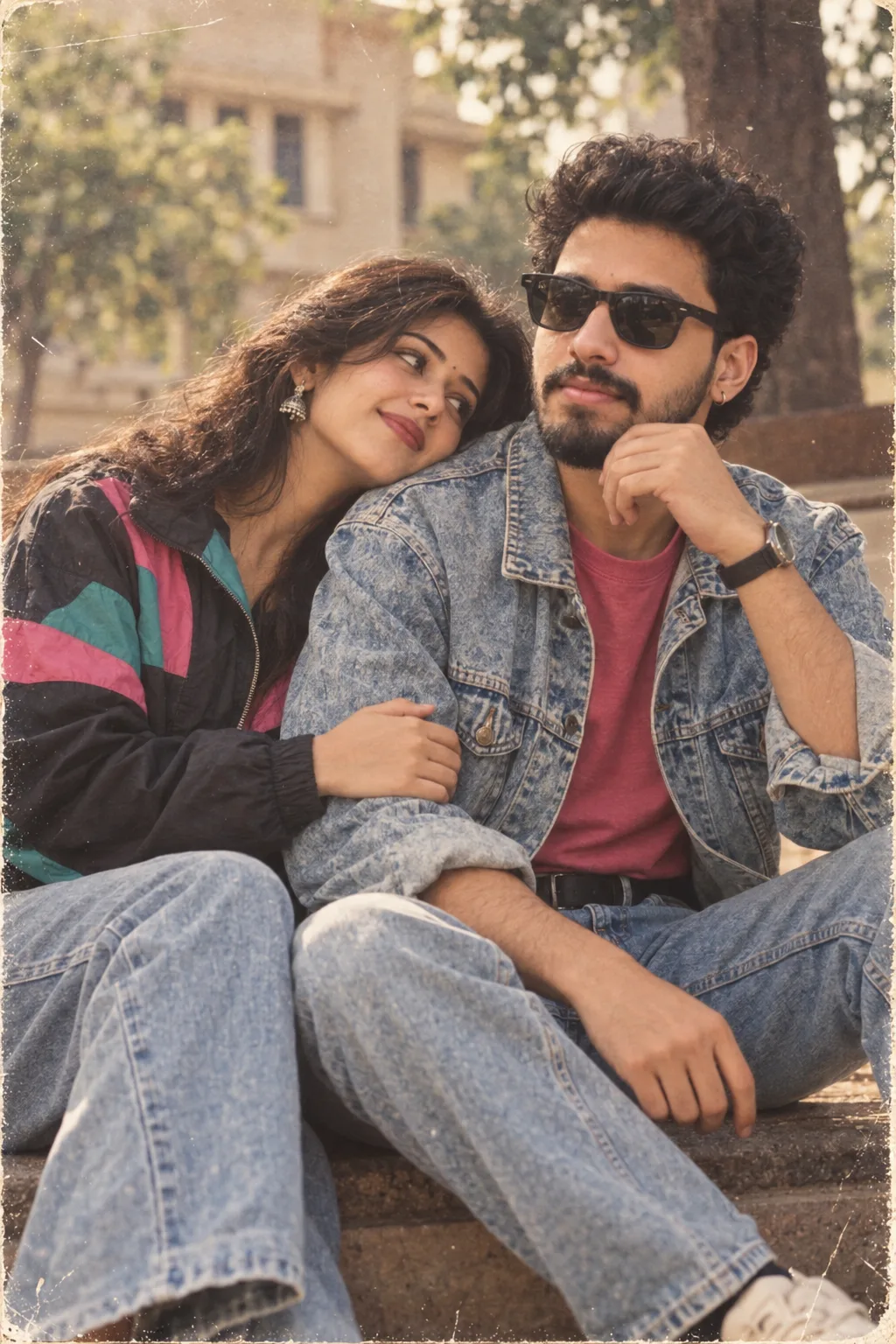 A nostalgic, vintage-style candid portrait of a young couple from the 1990s, shot in natural outdoor light with a slightly faded