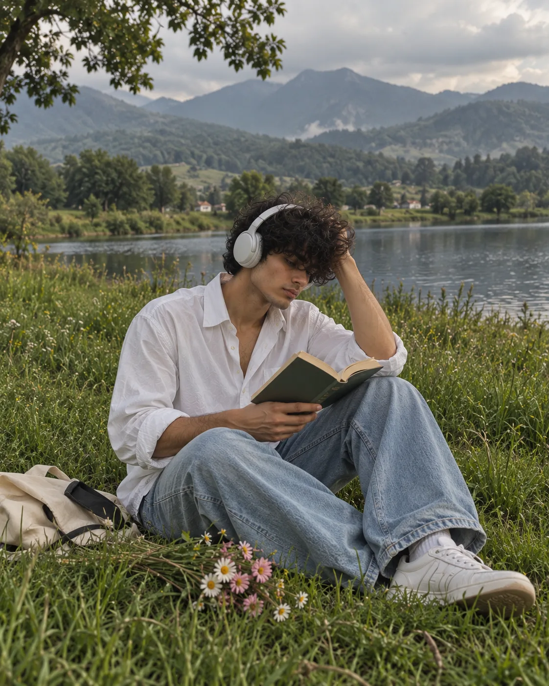 A cinematic, intimate lifestyle portrait of a young man sitting peacefully in a lush green meadow beside a calm lake, captured during soft