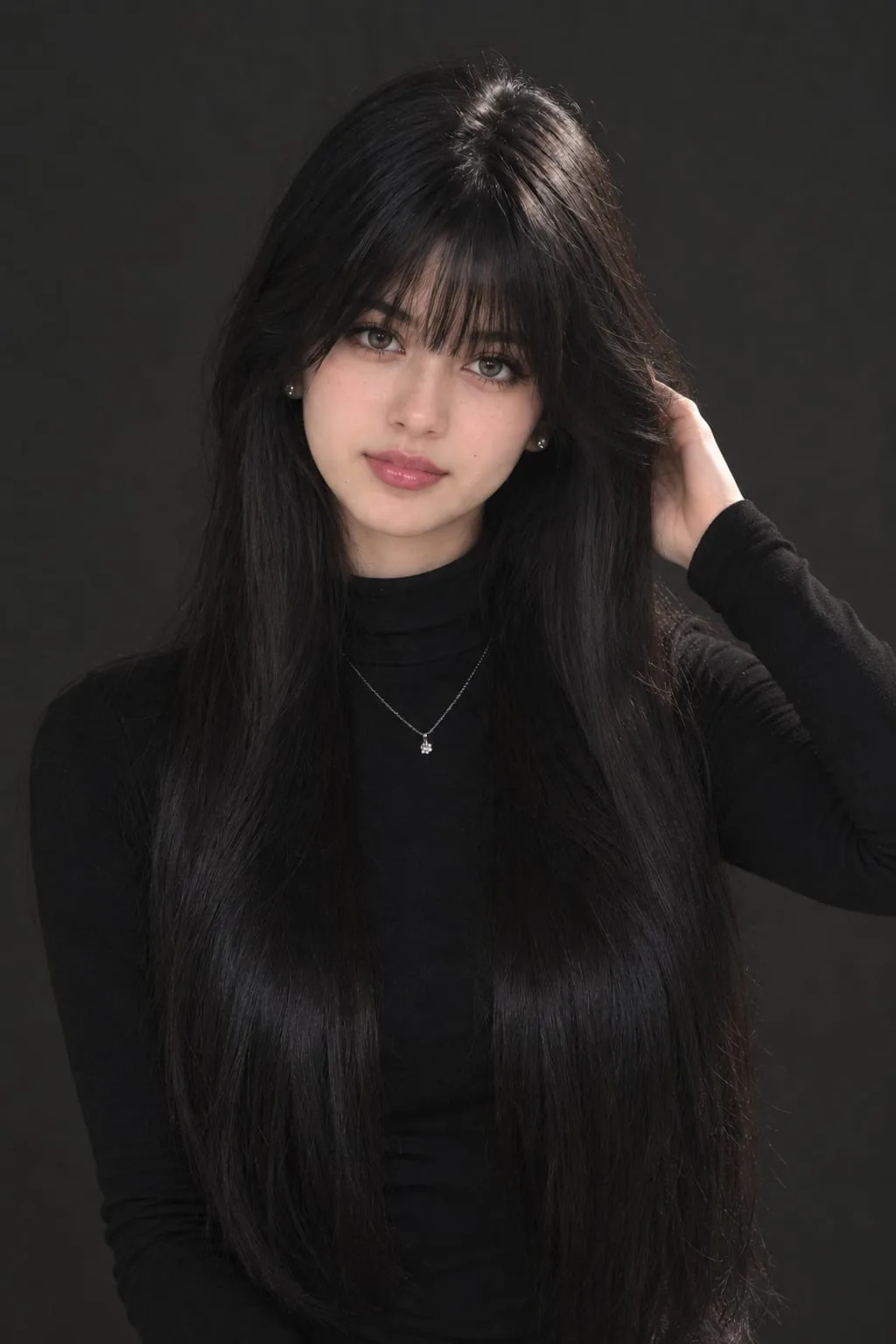 Create an ultra-realistic high-quality portrait of a young woman with very long, straight, glossy black hair and full blunt bangs covering