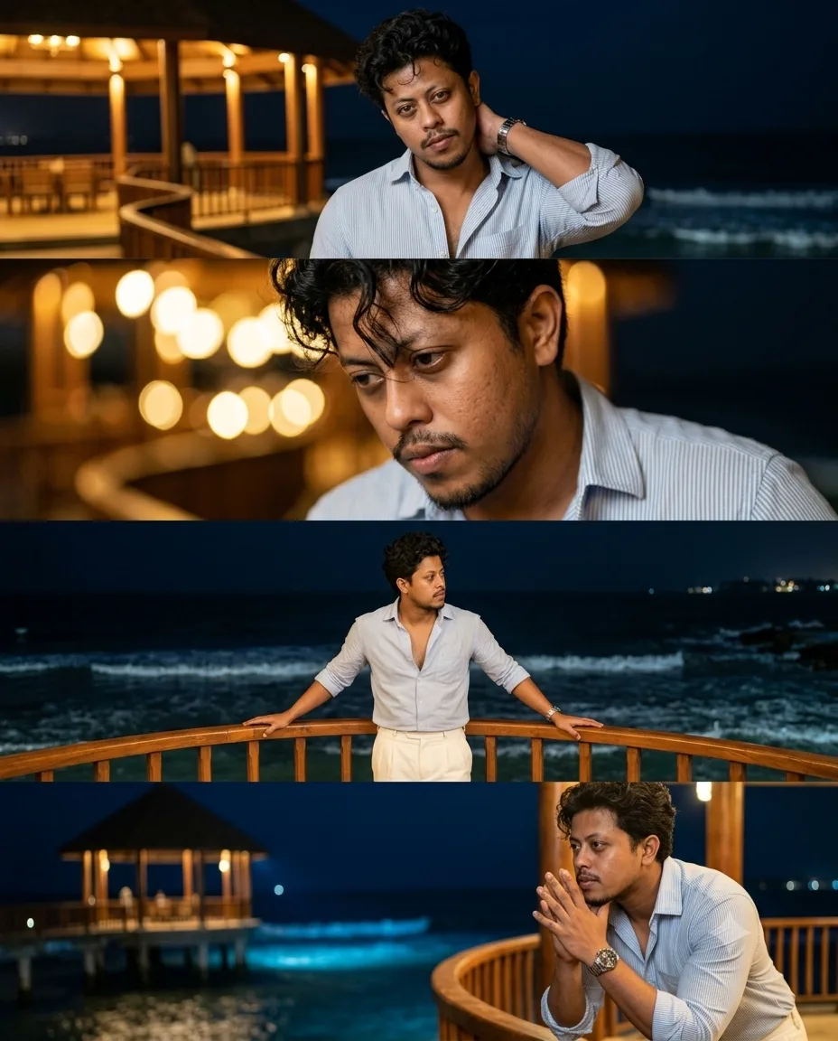 Create an ultra-realistic cinematic four-panel photographic portrait collage of the same handsome young South Indian man at a luxurious