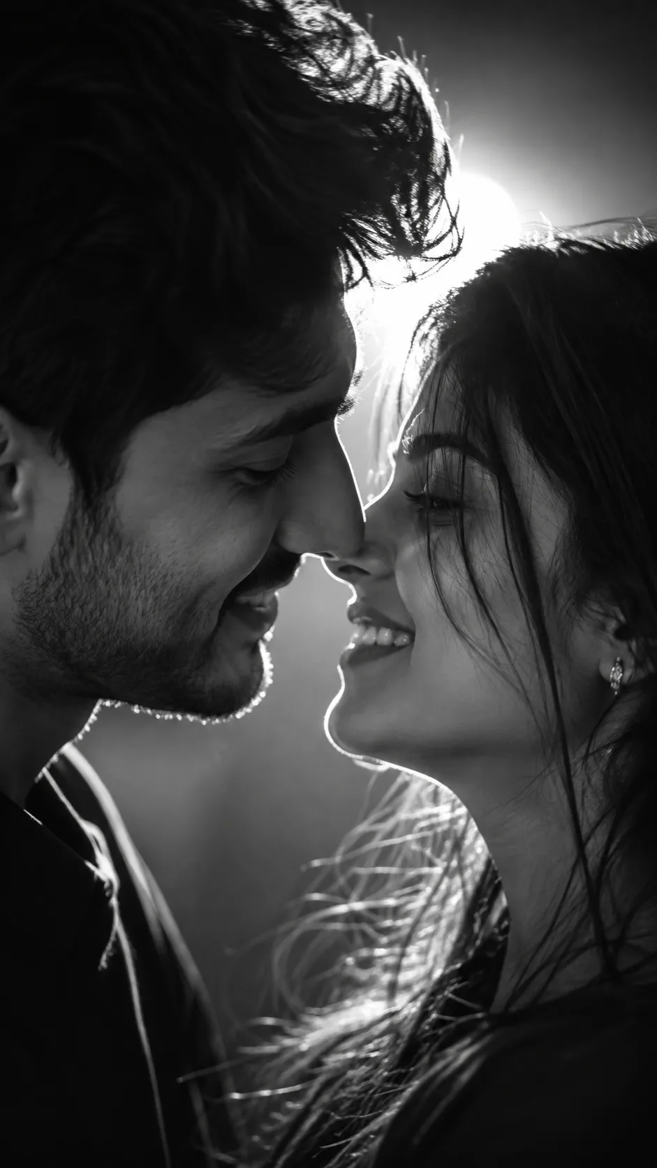 Ultra-photorealistic black and white cinematic portrait of a young couple in an intimate near-kiss pose, faces extremely close with noses
