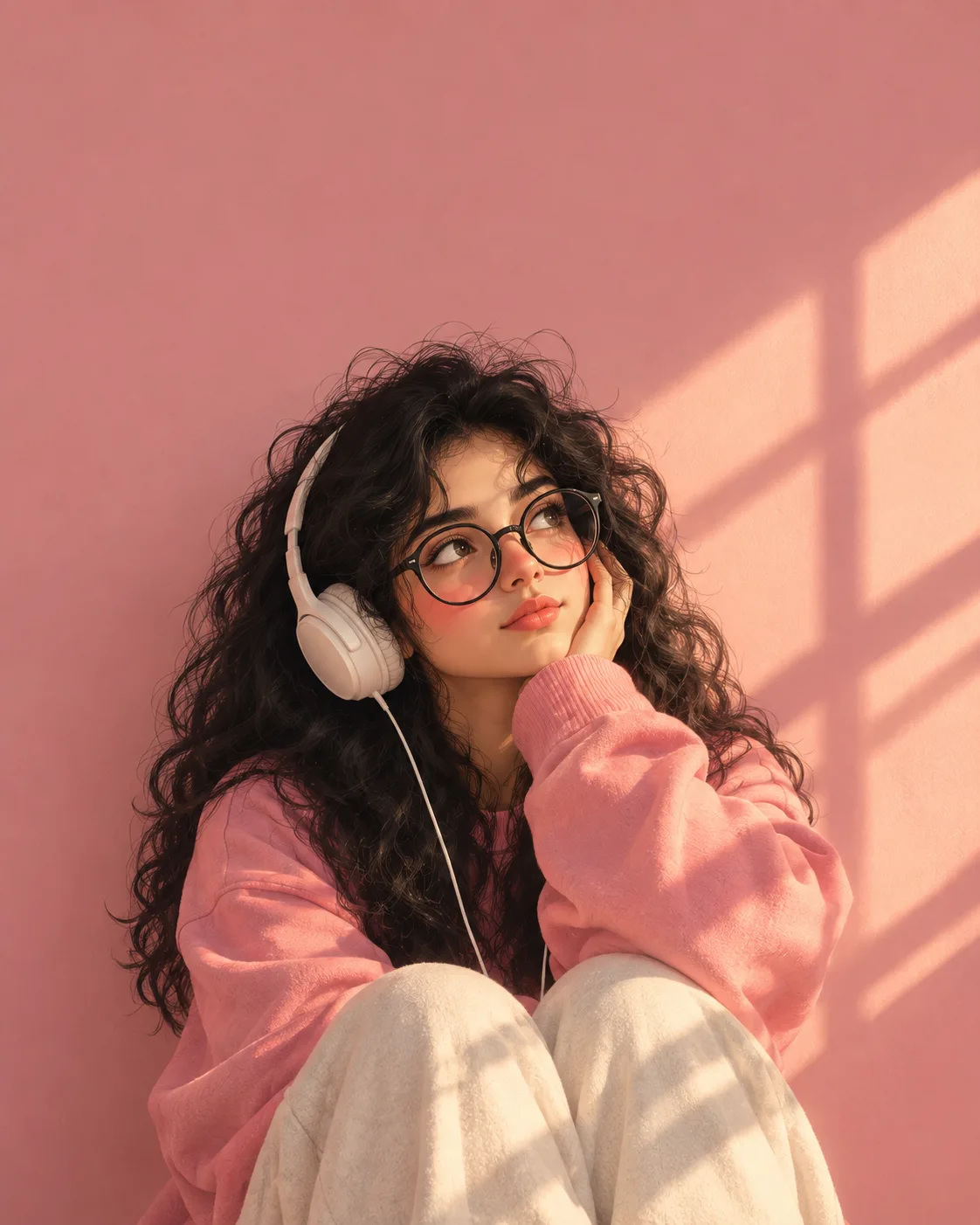 "Soft romantic digital illustration of a young woman with voluminous messy curly black hair, oversized round black glasses and large white