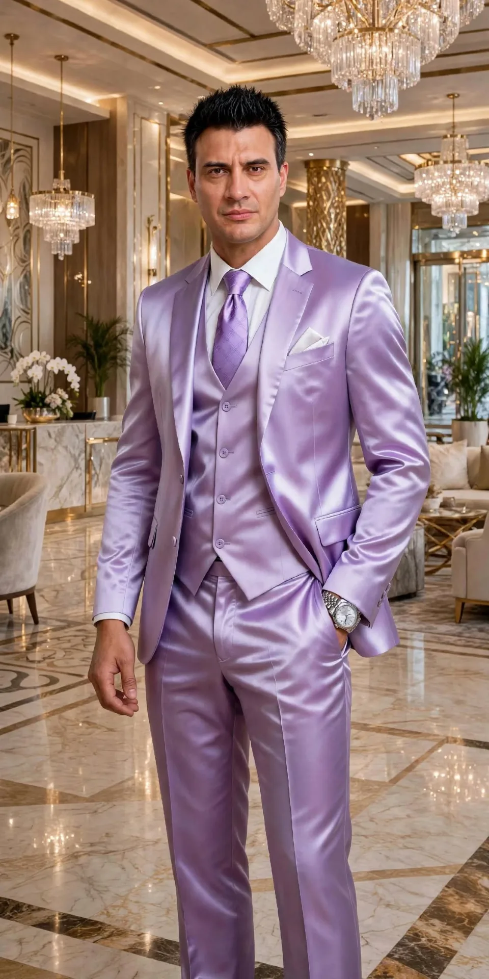 photorealistic full-body portrait of a man in his 40s, short spiky black hair, wearing a glossy light lavender lilac satin three-piece suit