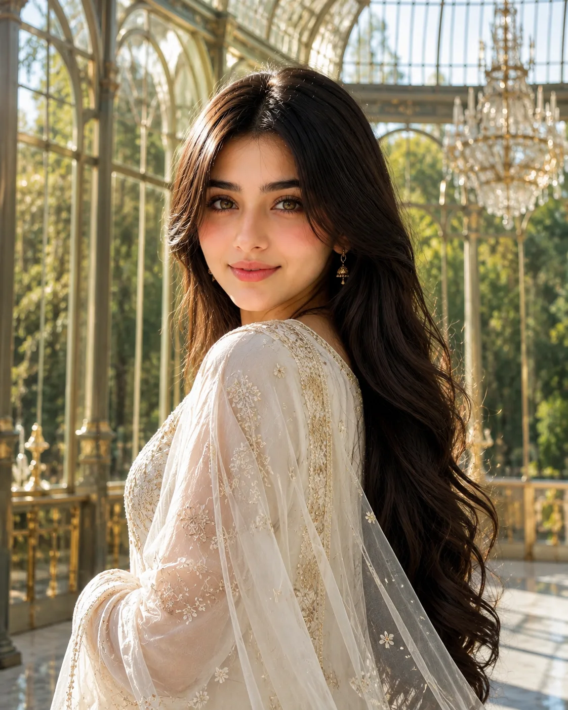 A stunning, high-resolution portrait of a beautiful young South Asian woman looking back over her shoulder with a gentle smile.