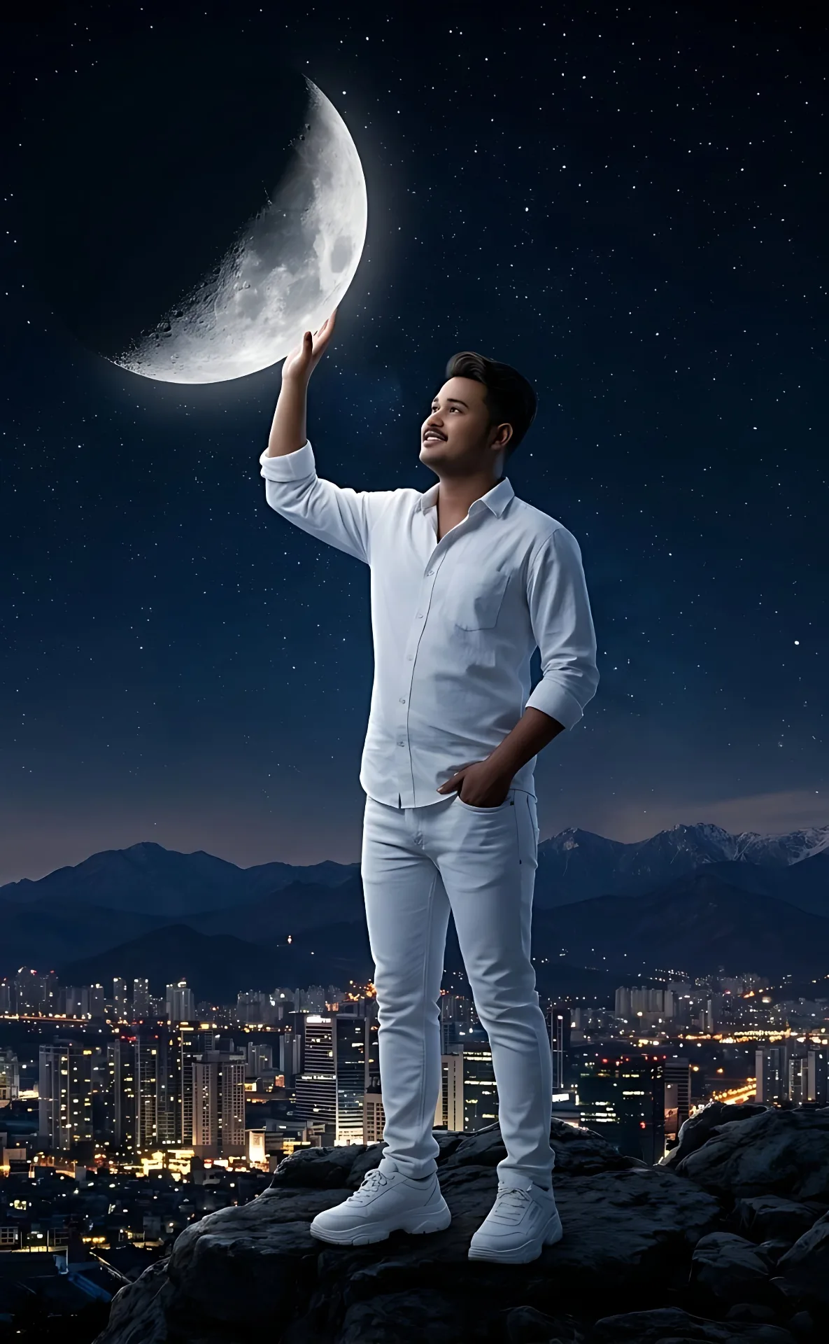 A surreal, high-quality cinematic photograph of a young South Asian man dressed entirely in clean white clothing—a white button-up shirt,