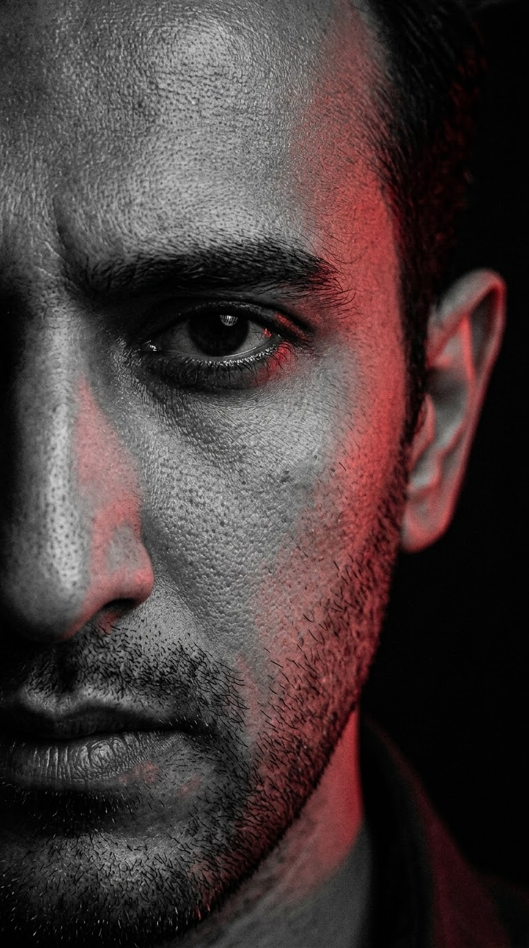 Create a highly photorealistic extreme close-up portrait using my uploaded face reference.