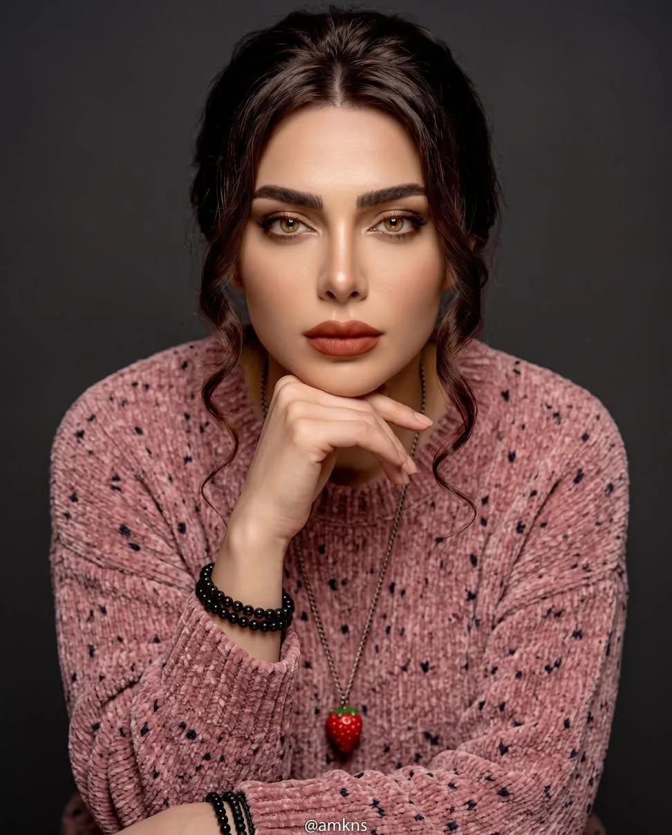 High-end fashion editorial portrait of the young Caucasian woman, identical facial details, makeup, and direct, intense gaze.