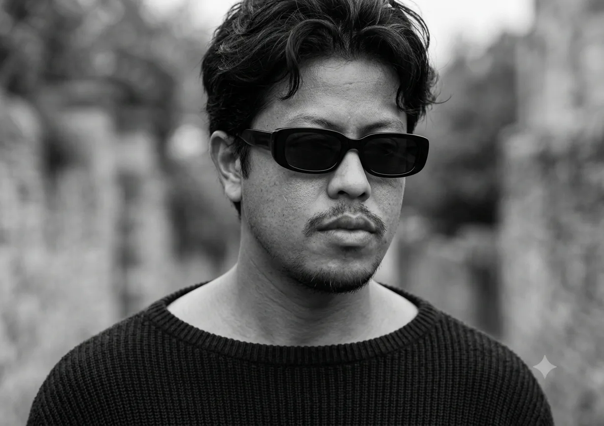 A cinematic, realistic black and white close-up portrait of a young man with messy, wavy hair and a rugged look, wearing black rectangular