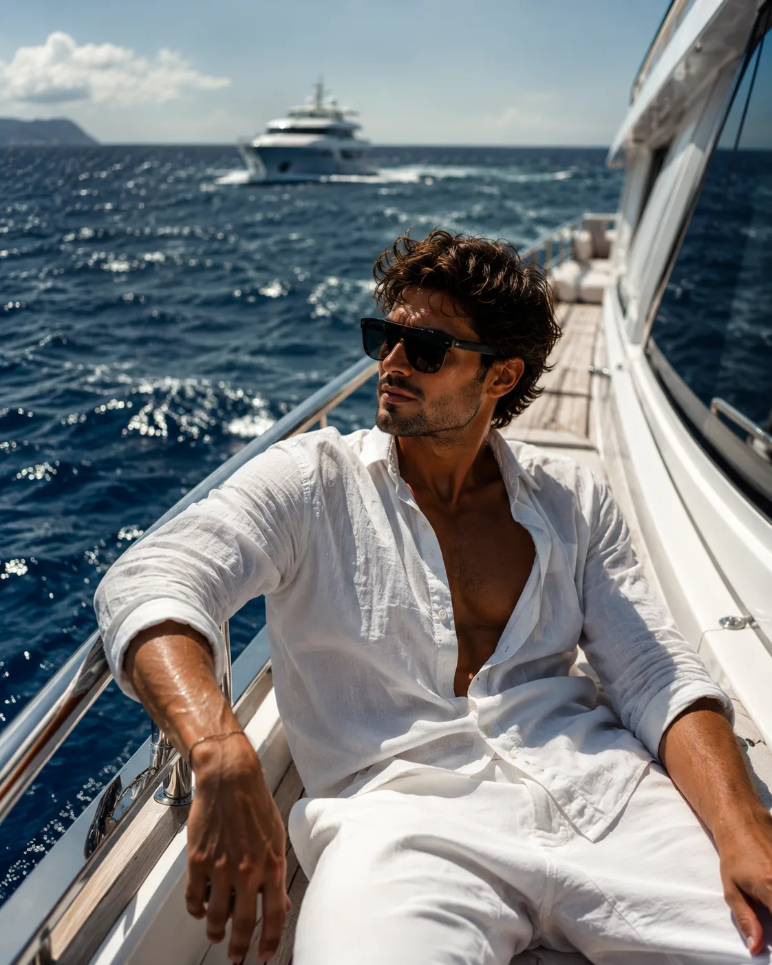 **Ultra-realistic luxury lifestyle fashion photograph of a handsome young adult man relaxing on the deck of a sleek luxury yacht in the