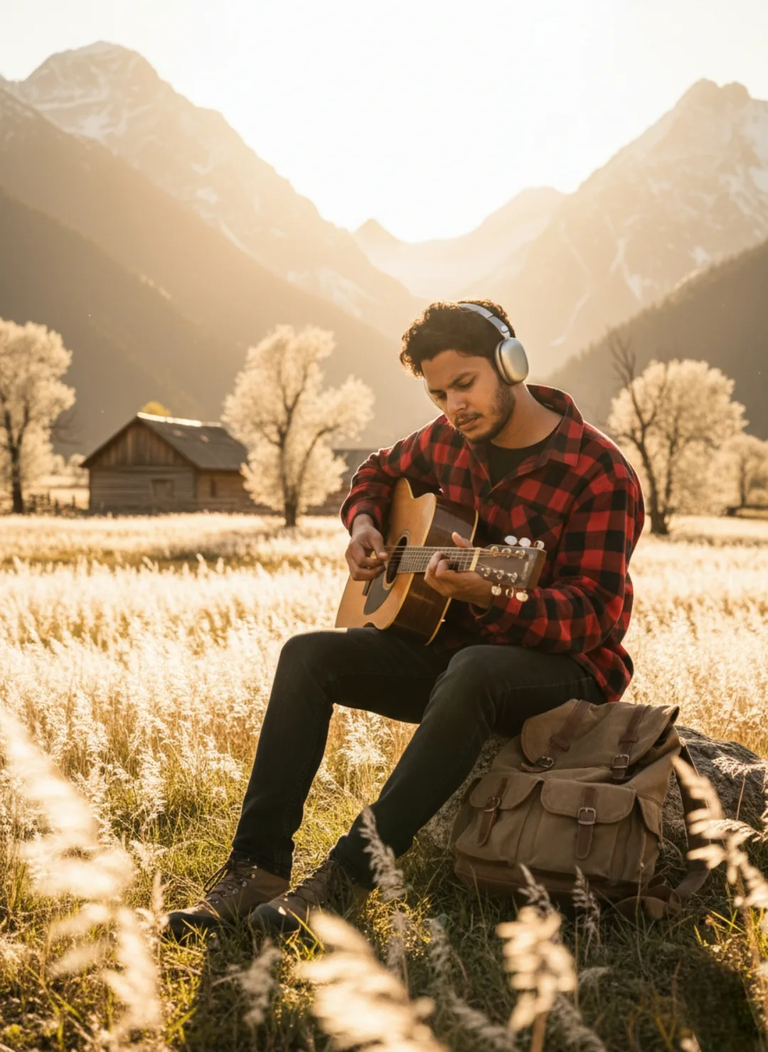 A young man with curly dark hair and light facial hair sits on a large rock in a sunlit grassy meadow, focused on playing a wooden acoustic