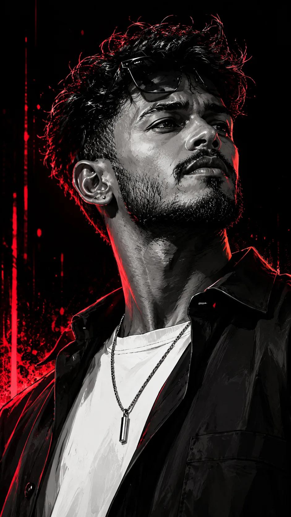 Create a highly detailed black-and-white cinematic digital illustration with intense crimson-red accents of a confident young man, shown in